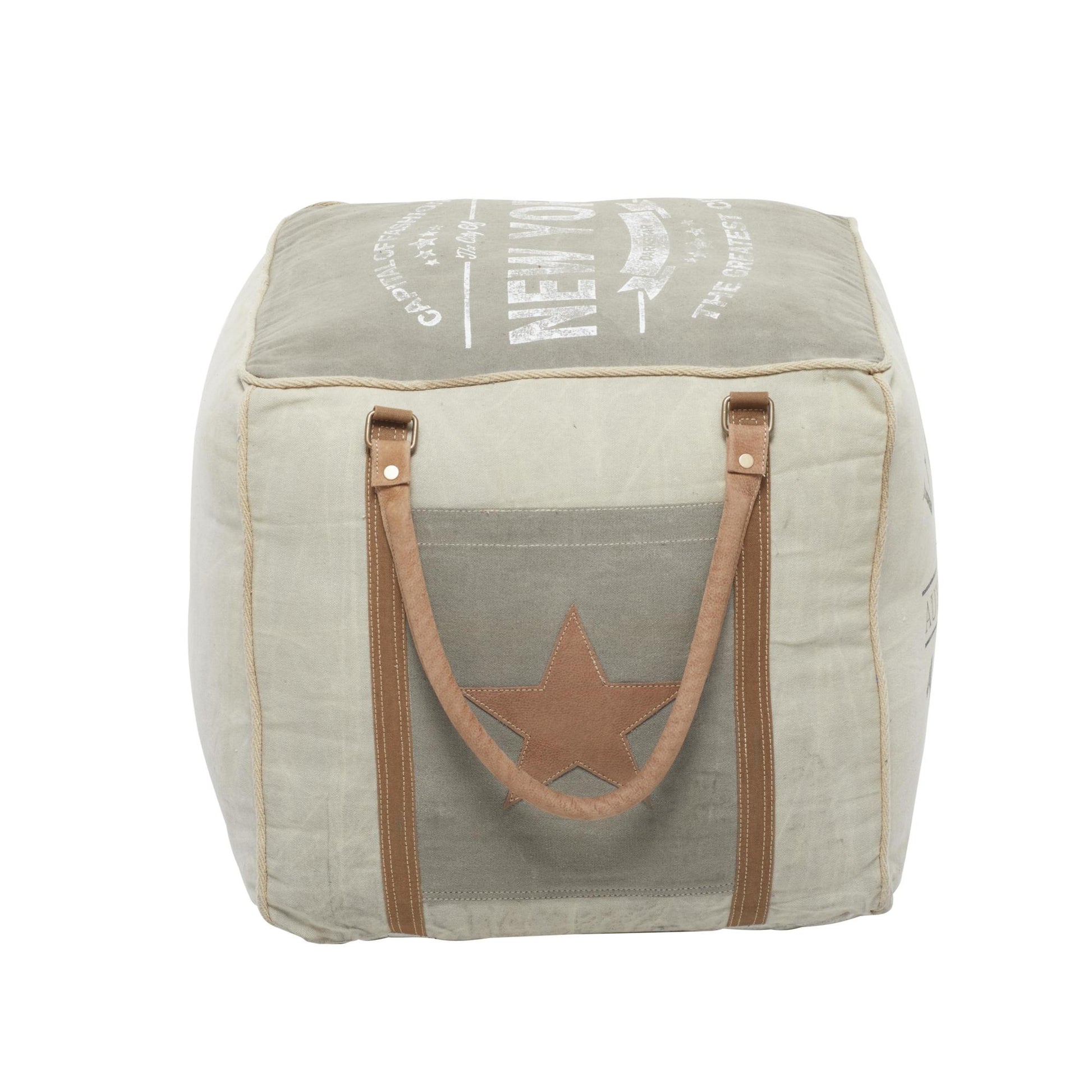 Star Canvas Stuffed Pouf with Leather Accents