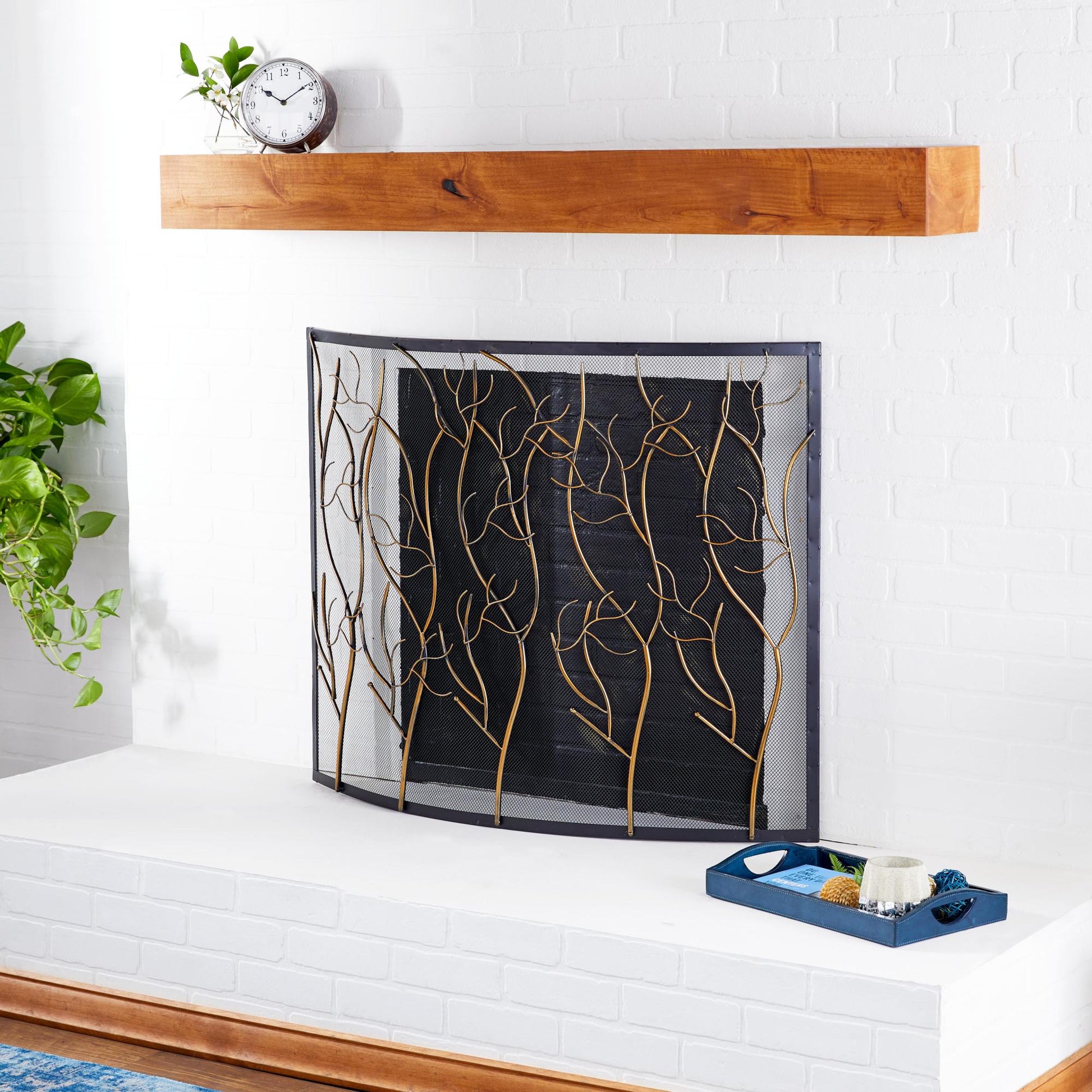 Tree Brass Metal Branch Single Panel Living Room Fireplace Screen with Mesh Netting