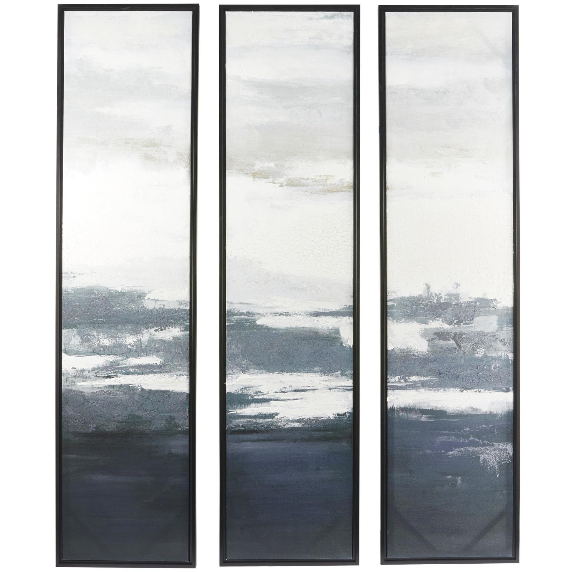 Set of 3 Landscape Dark Blue Canvas Abstract Textured Panel Living Room Framed Wall Art with Black Frames