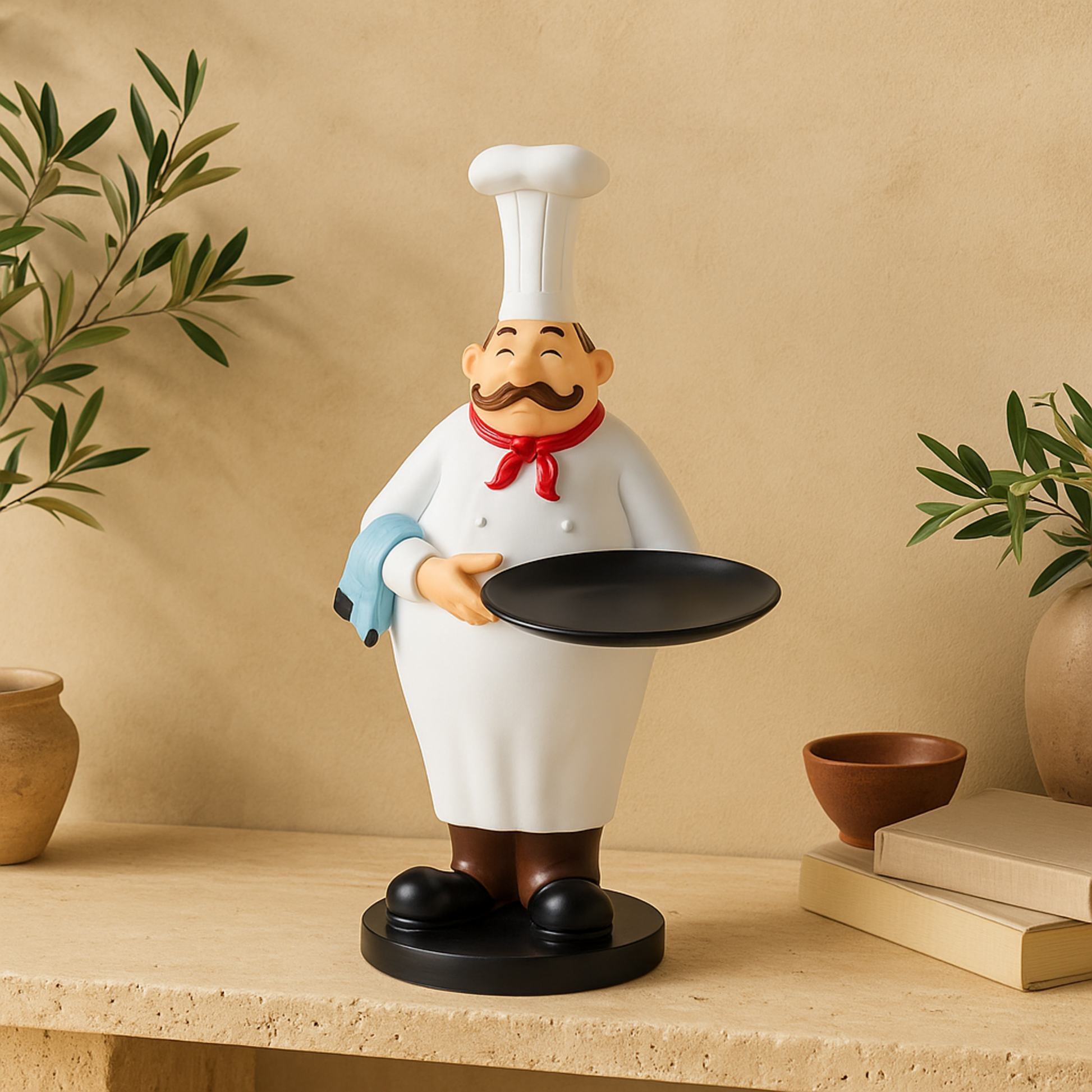 Chef White Polystone Kitchen Decorative Figurine Decorative Sculpture with Black Tray