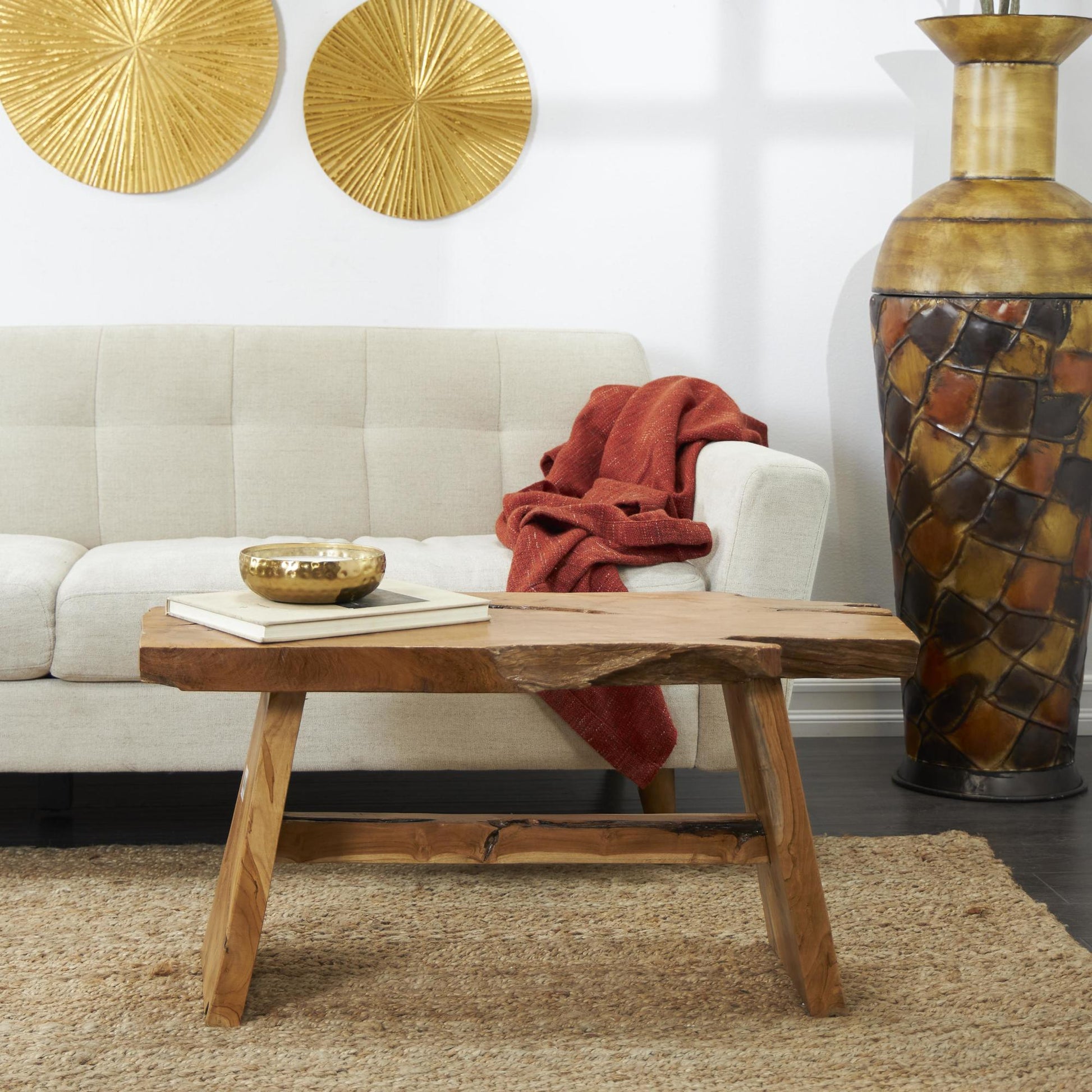 Brown Teak Wood Handmade Natural Live Edge Living Room Coffee Table with Angled Base