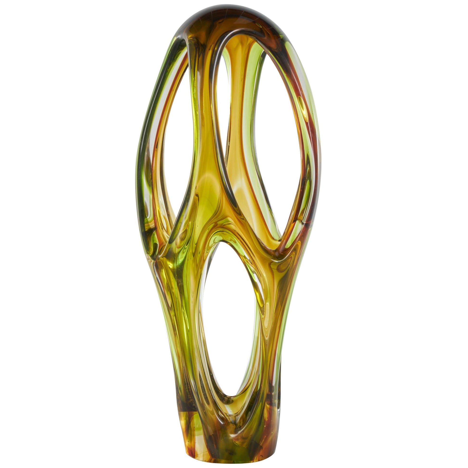 Abstract Orange Glass Ombre Cutout Decorative Sculpture with Green Accents