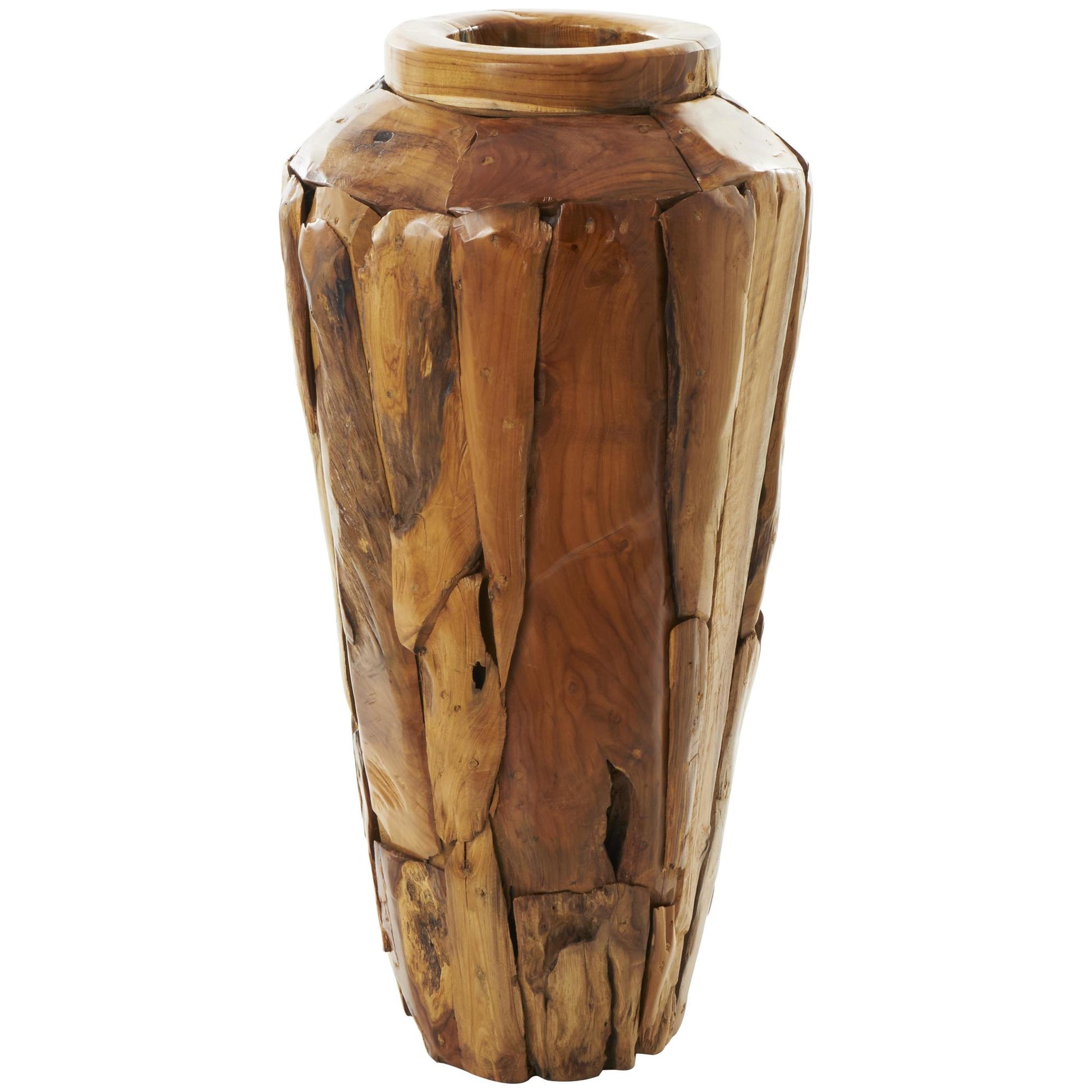 Brown Teak Wood Handmade Tall Floor Decorative Vase with Mosaic Live Edge Pieces