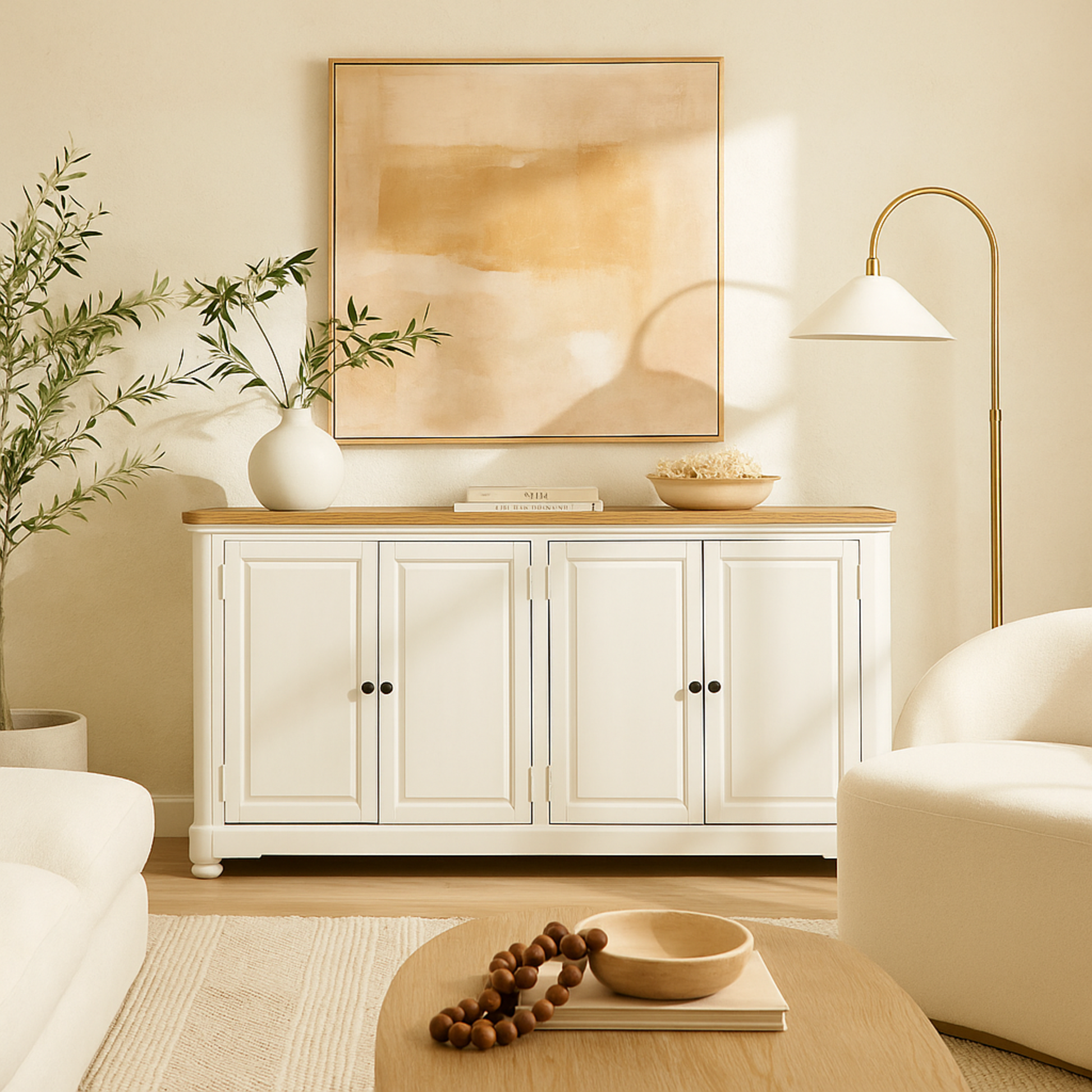 White Wood 4 Door Media Credenza Sideboard with Brown Wood Top and Black Round Knobs