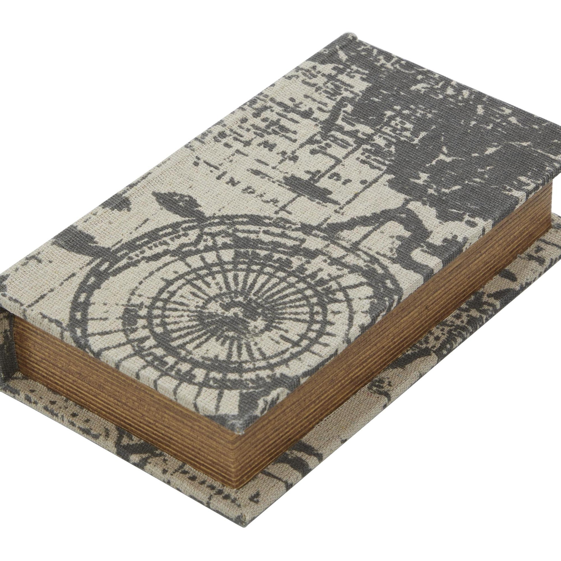 Set of 3 World Map Beige Linen Fabric Faux Book Storage Decorative Box with Black Continents