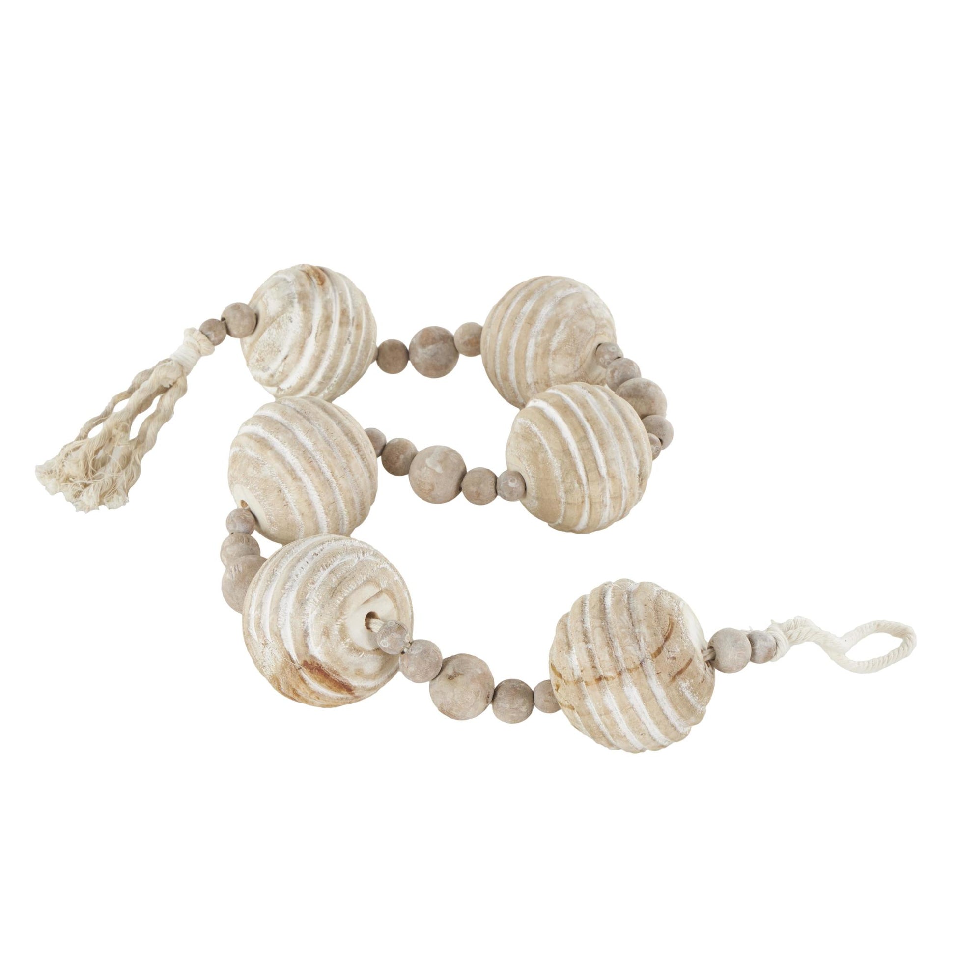 Geometric Cream Wood Handmade Ribbed Beaded Garland with Tassel with White Rope