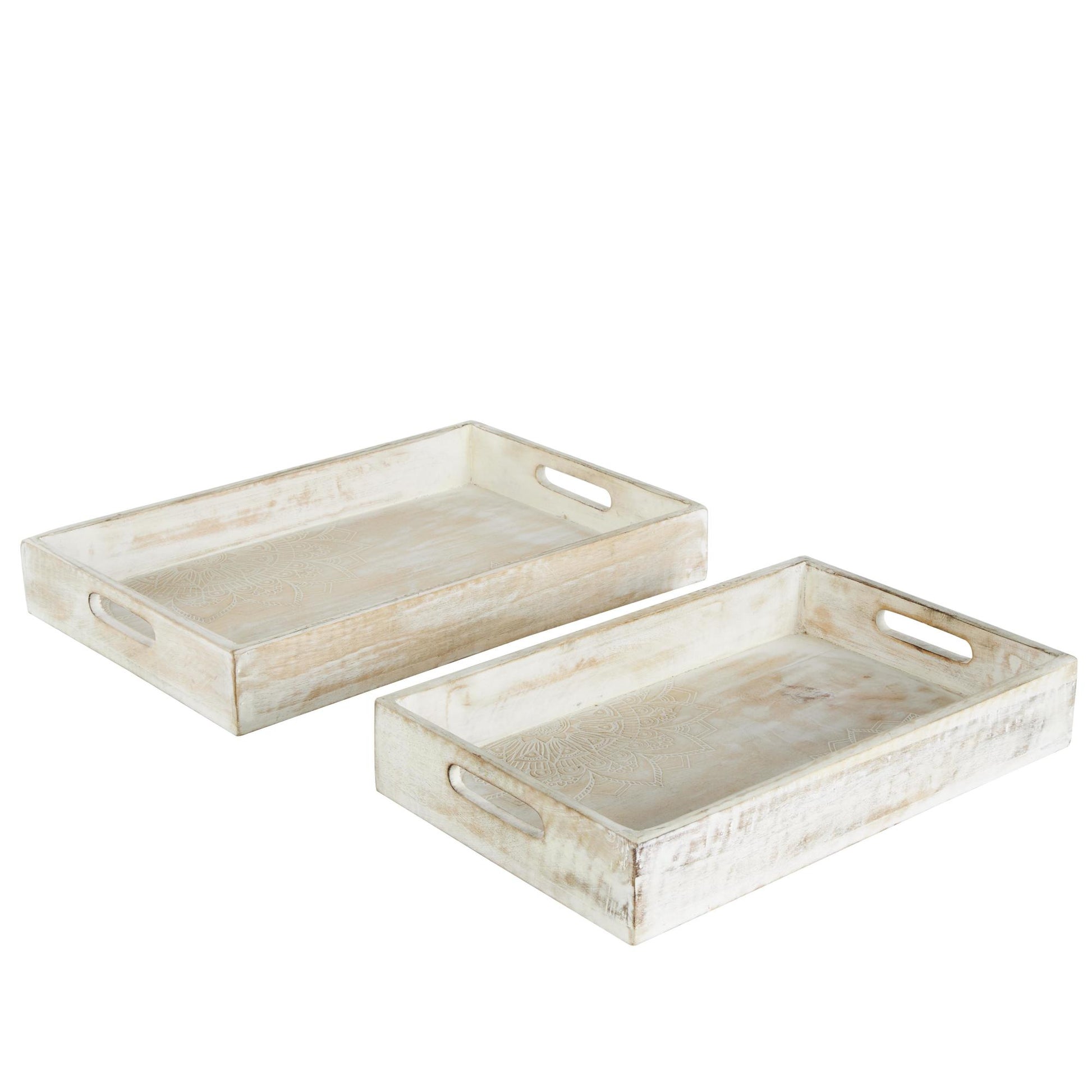 Set of 2 Cream Mango Wood Handmade Whitewashed Living Room Decor Tray with Carved Mandala Interior