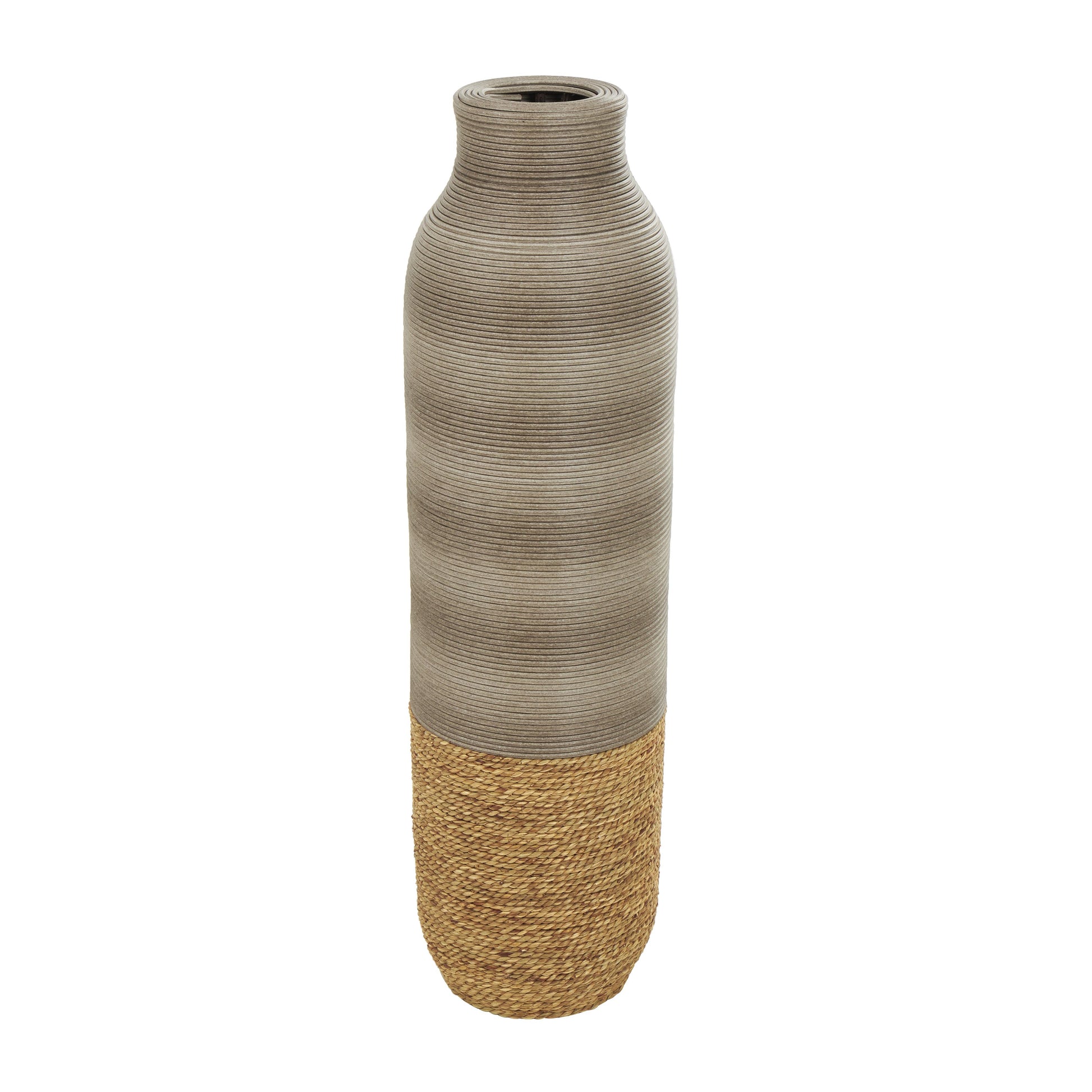 Brown Seagrass Handmade Ribbed Decorative Vase with Coiled Seagrass Base