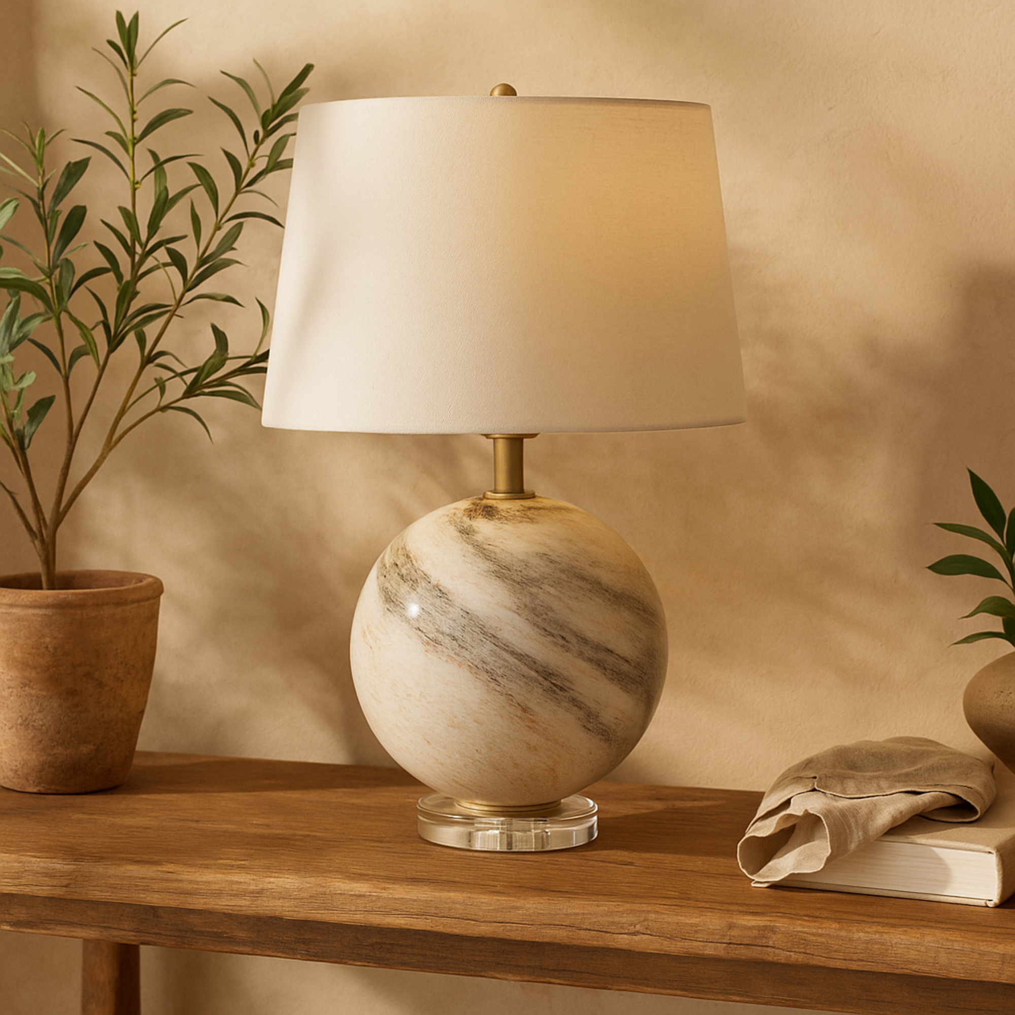 Beige Glass Round Room Accent Lamp with Marble Inspired Design and Gold Accents