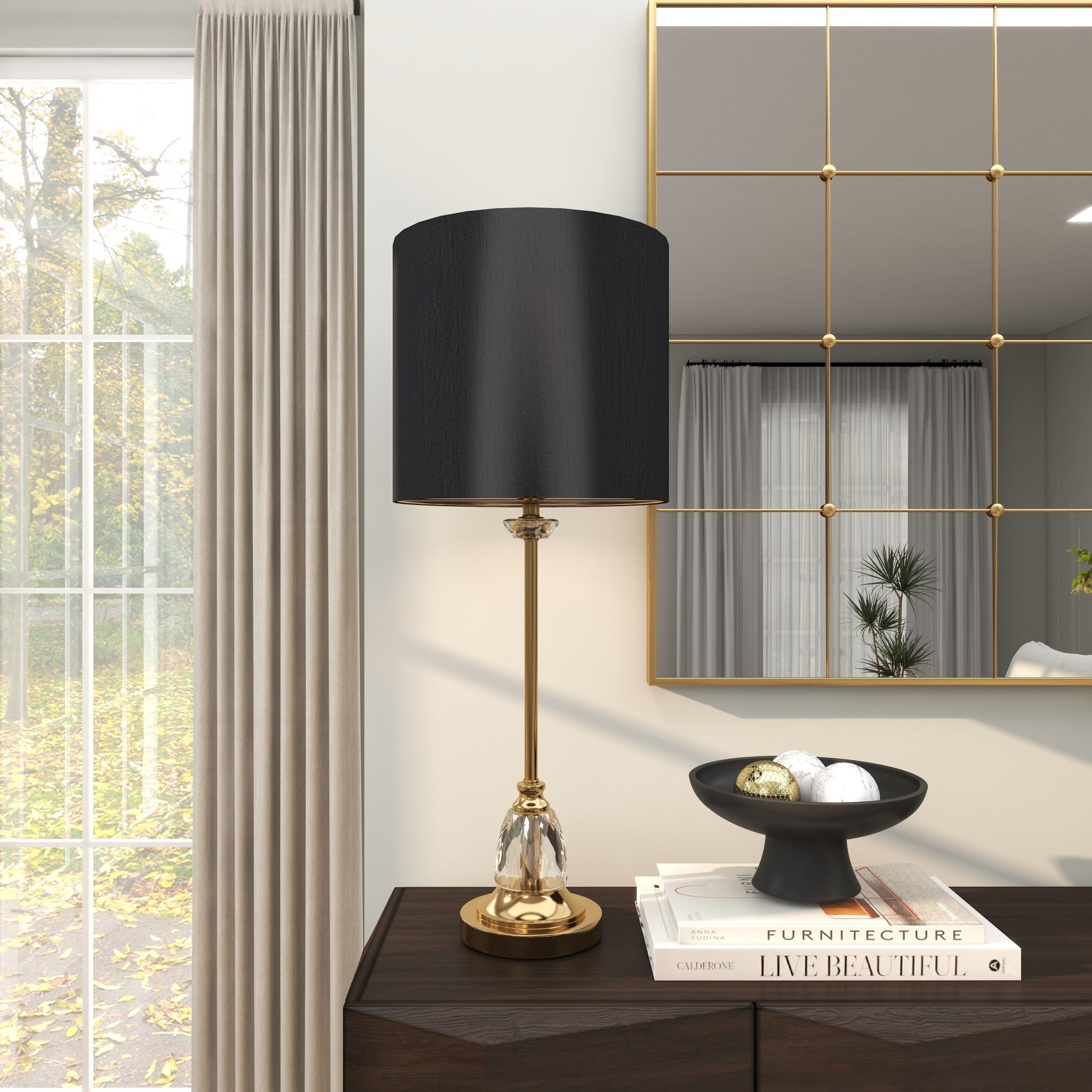Gold Metal Room Buffet Lamp with Black Shade and Crystal Accent