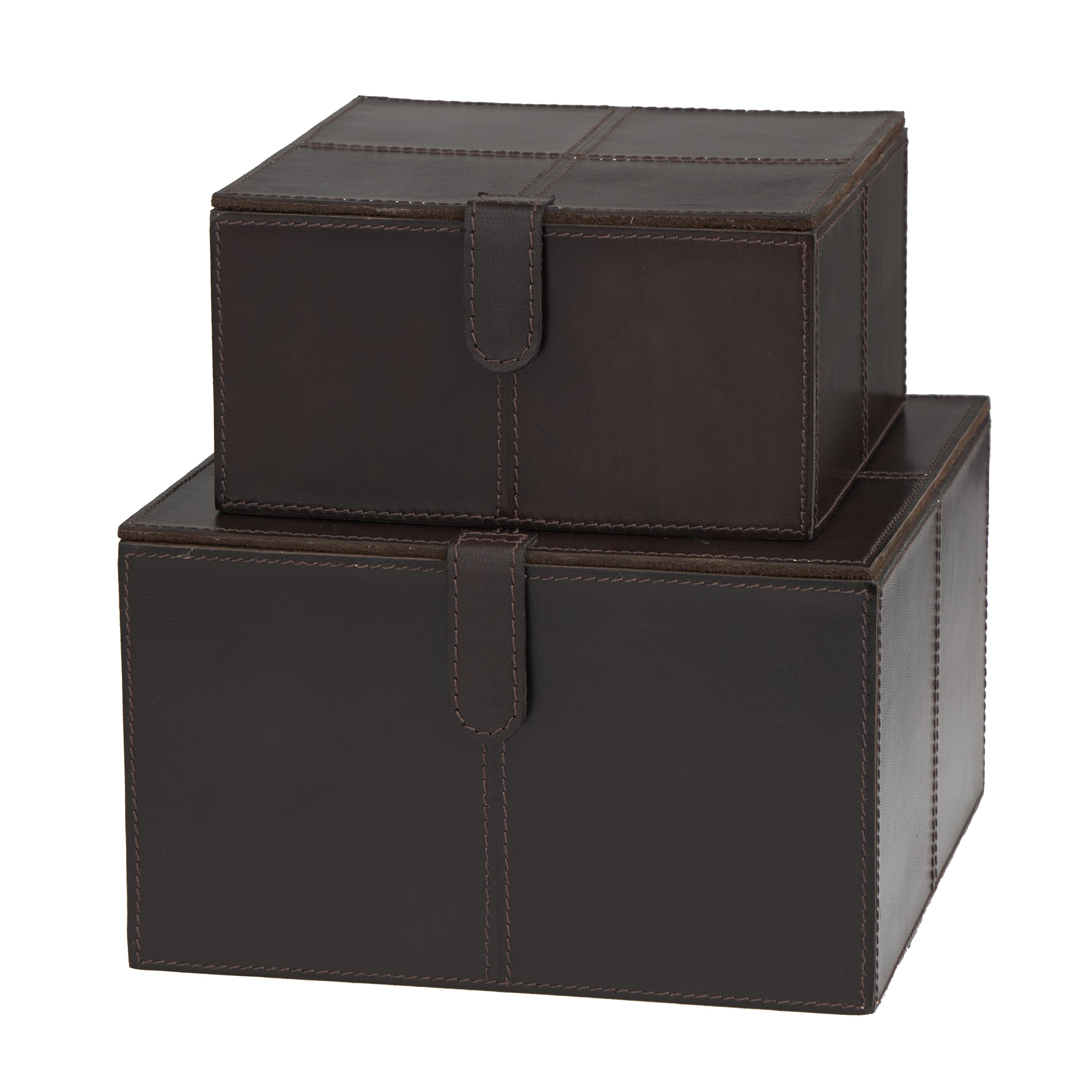 Set of 2 Leather Handmade Storage Decorative Box with Snap Front Closure and Detailed Stitching