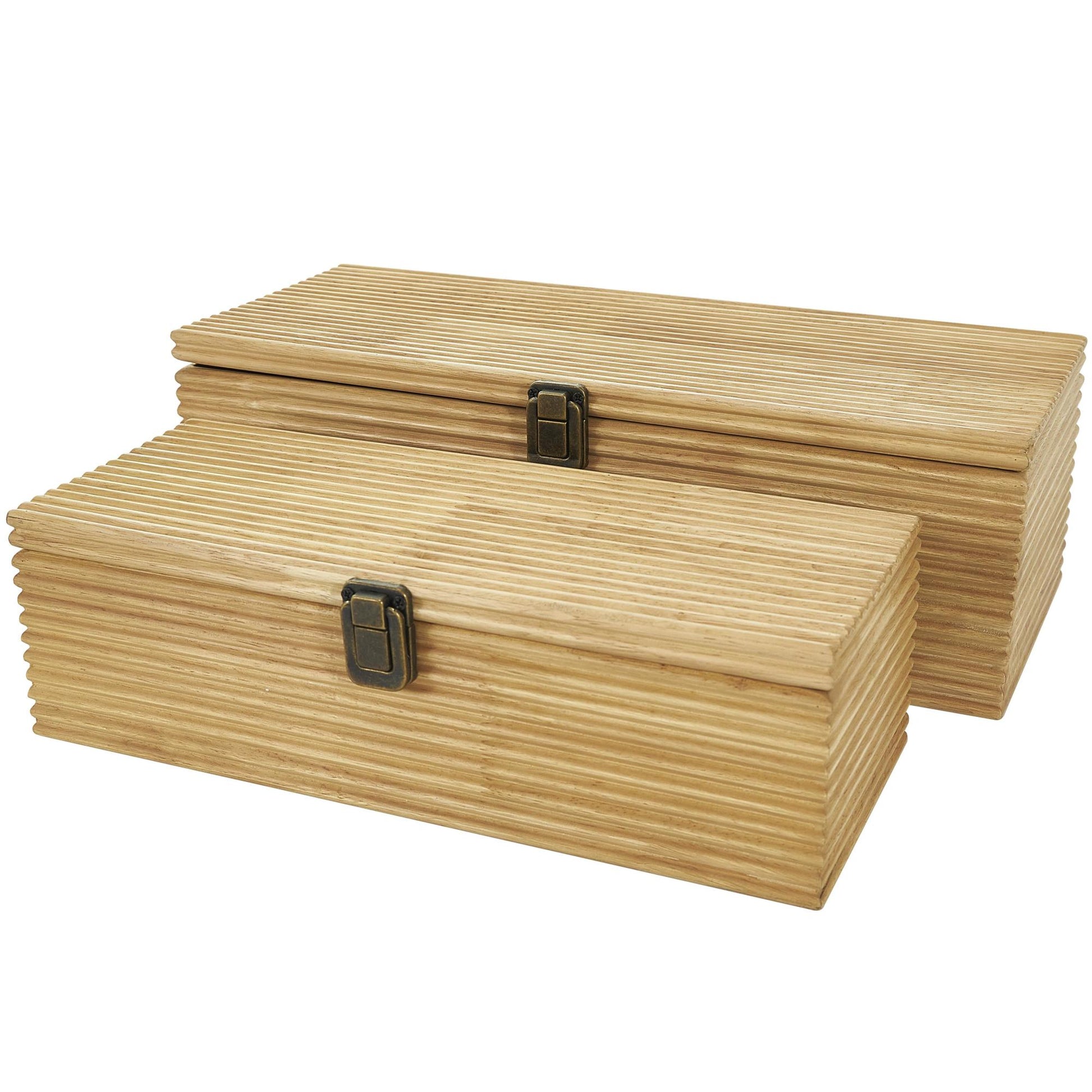 Set of 2 Light Brown Wood Carved Linear Decorative Box