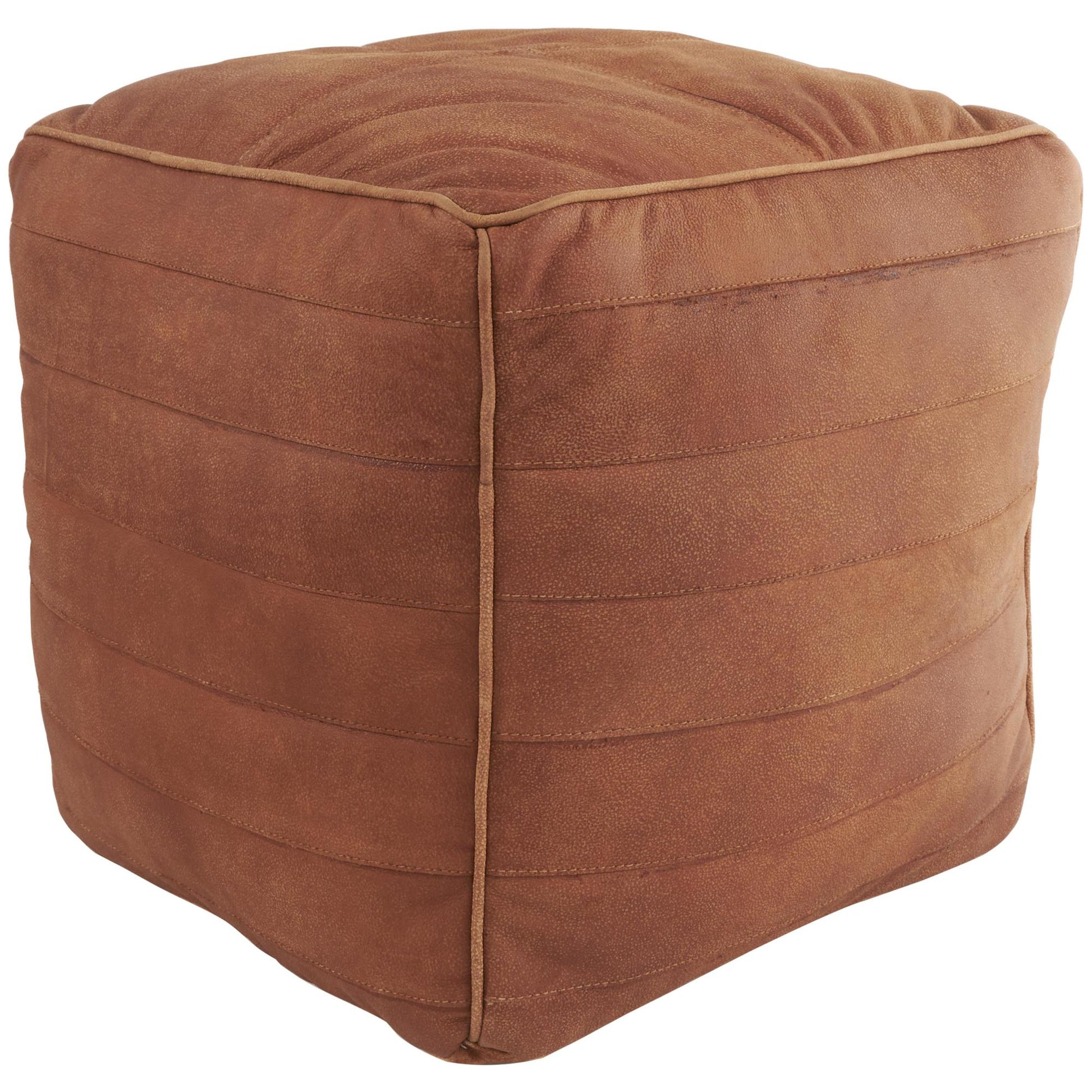Leather Stuffed Pouf with Linear Panels
