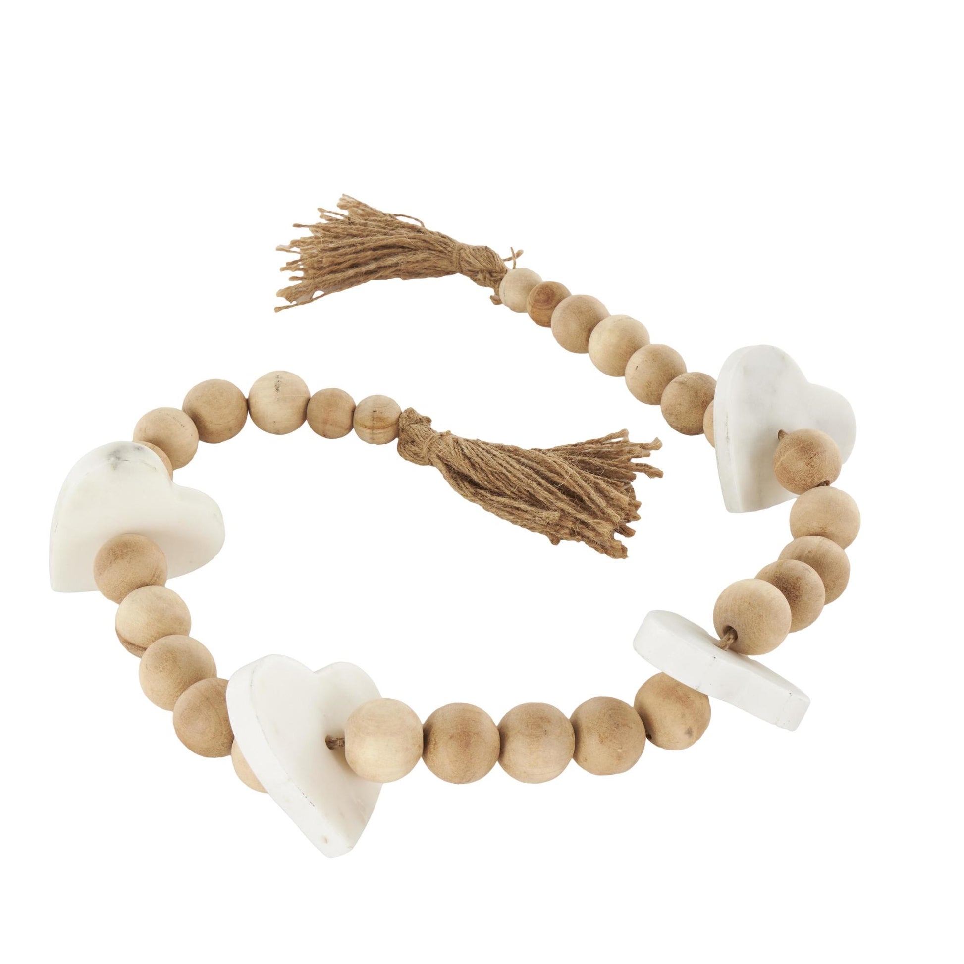 Heart Light Brown Marble Handmade Beaded Garland with Tassel with Knotted Brown Jute and White Accents