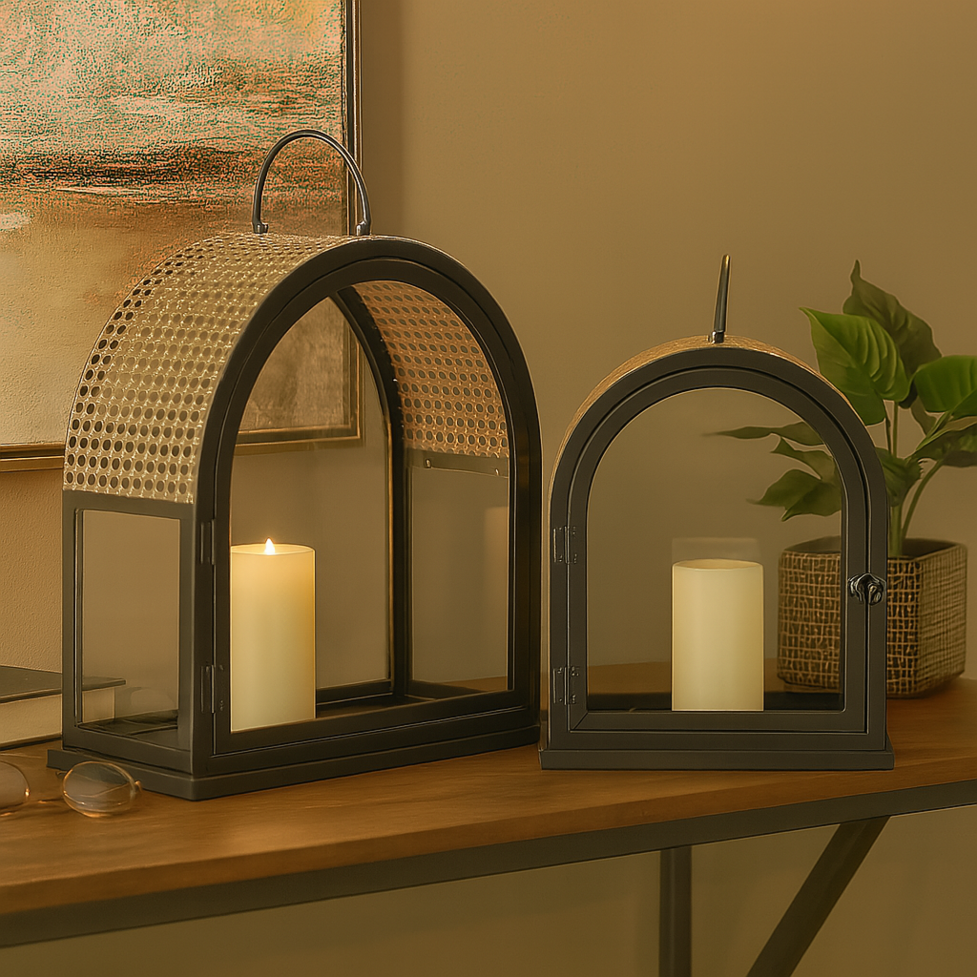 Set of 2 Black Metal Arched Indoor Outdoor Candle Lantern with Cane Inspired Gold Tops