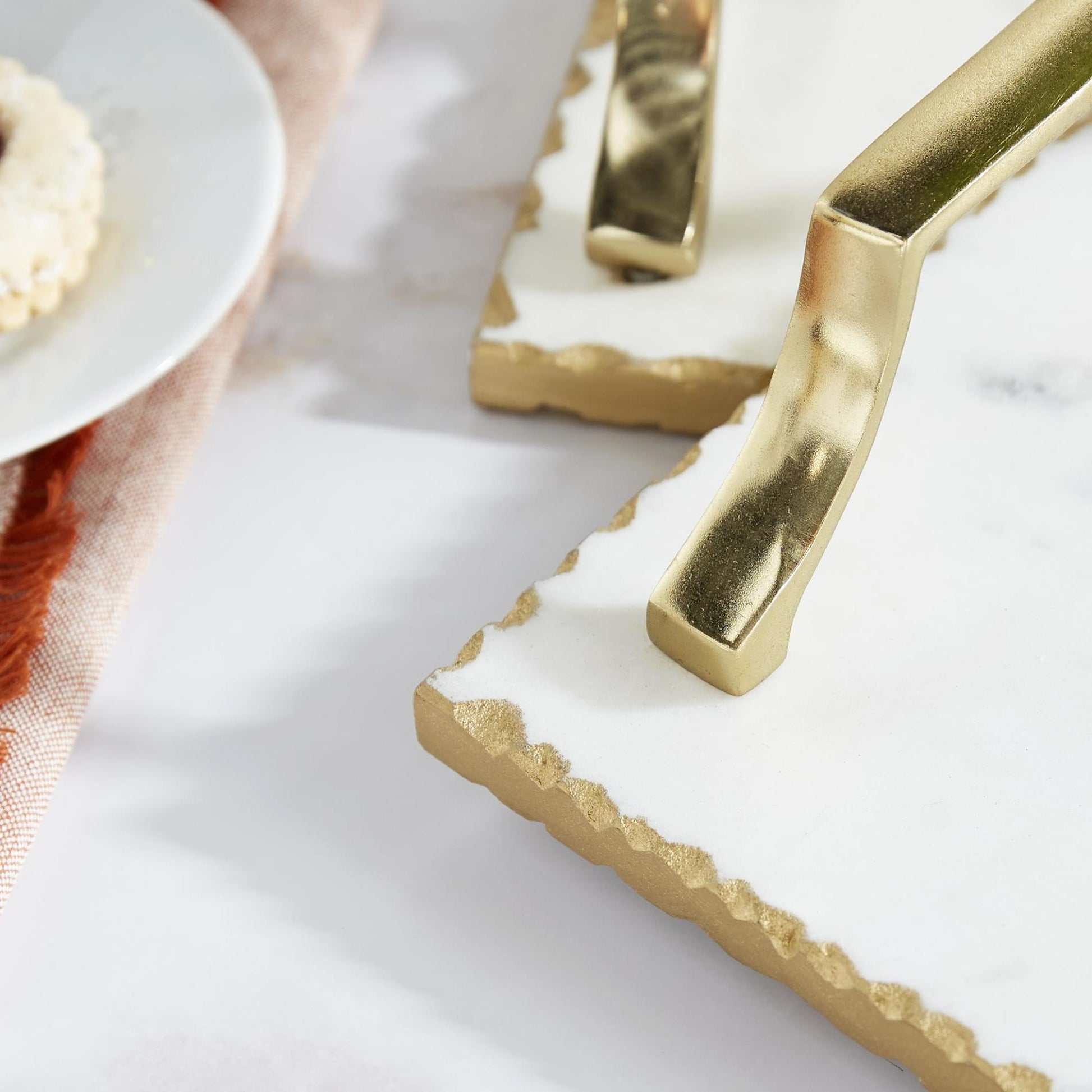 Set of 2 Marble Scalloped Living Room Decor Tray with Gold Metal Handles