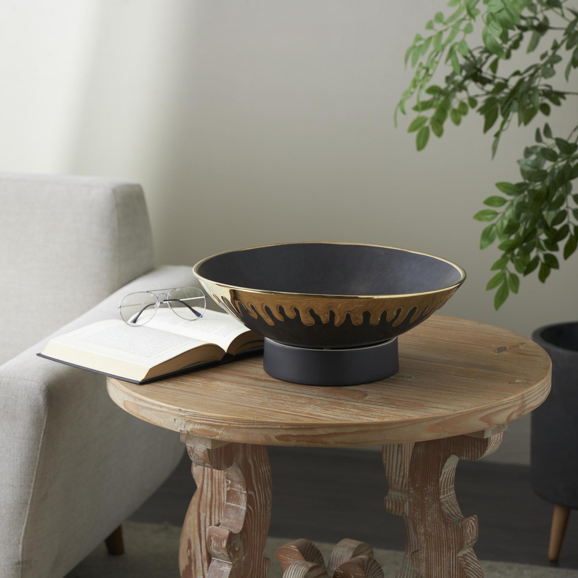 CosmoLiving by Cosmopolitan Abstract Ceramic Large Decorative Bowl with Abstract Gold Melting Drips