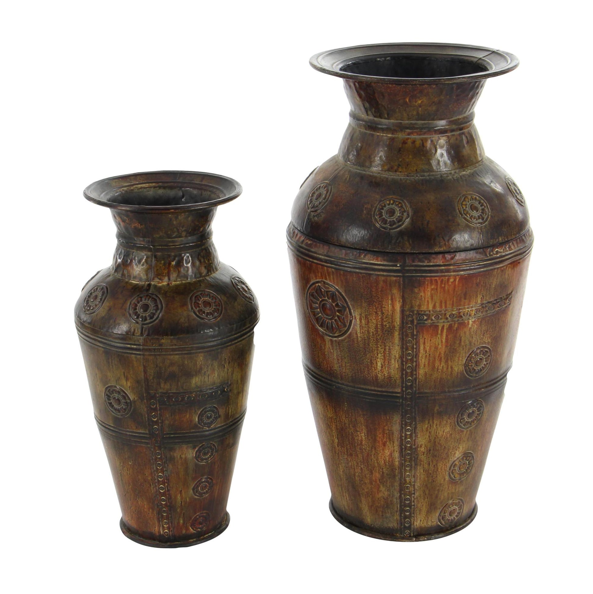 Set of 2 Floral Brown Metal Indoor Outdoor Large Decorative Vase with Evil Eye Relief