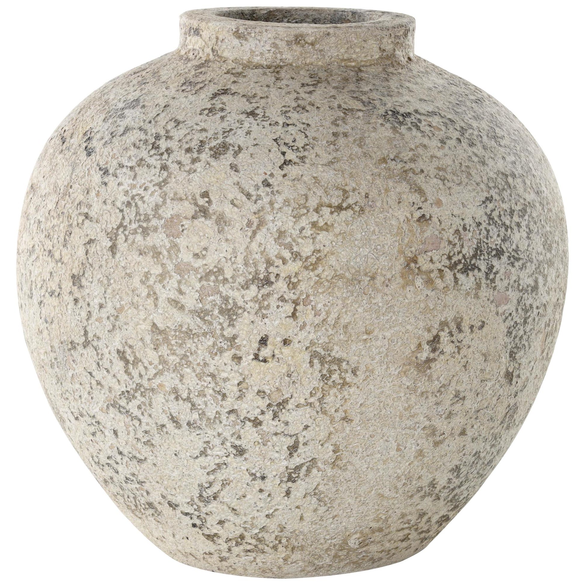 Cream Ceramic Handmade Antique Style Round Decorative Vase with Textured Distressing