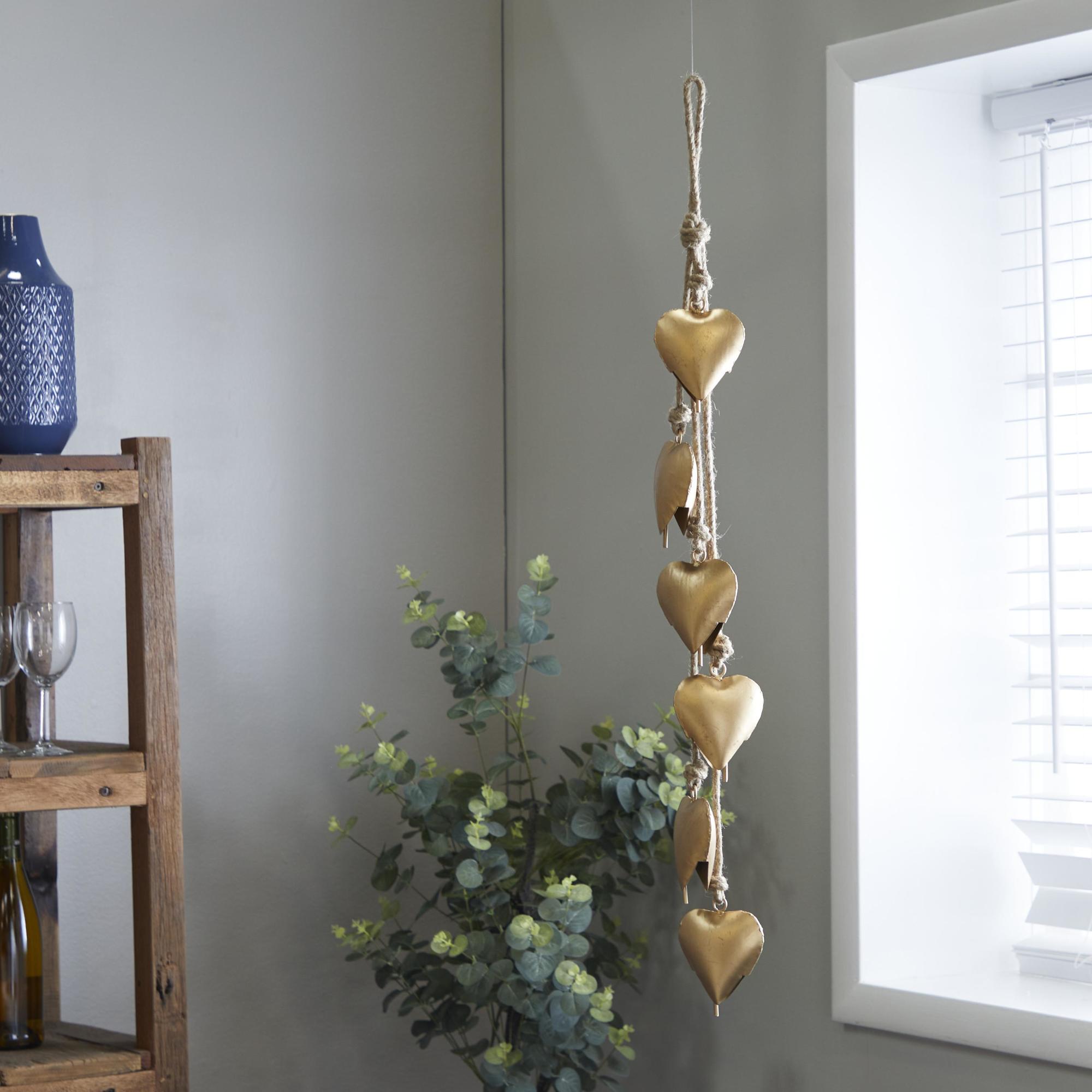 Heart Metal Tibetan Inspired Indoor Outdoor Decorative Cow Bells with 6 Bells on Jute Hanging Rope