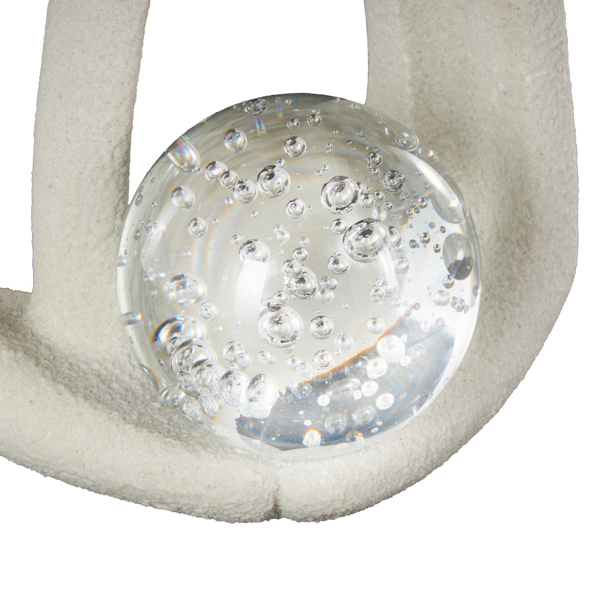 People White Polystone Abstract Textured Decorative Sculpture with Clear Glass Orb and Black Speckles