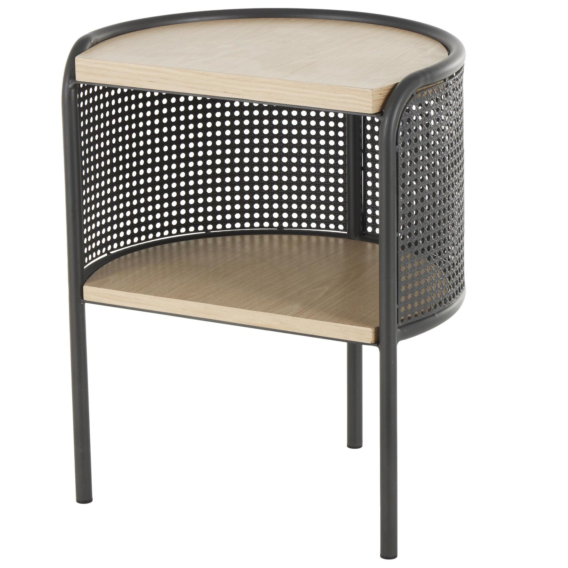 Light Brown Wooden Half-Moon Two- Toned Side End Accent Table with Mesh Back Panel and Brown Wood Tabletop