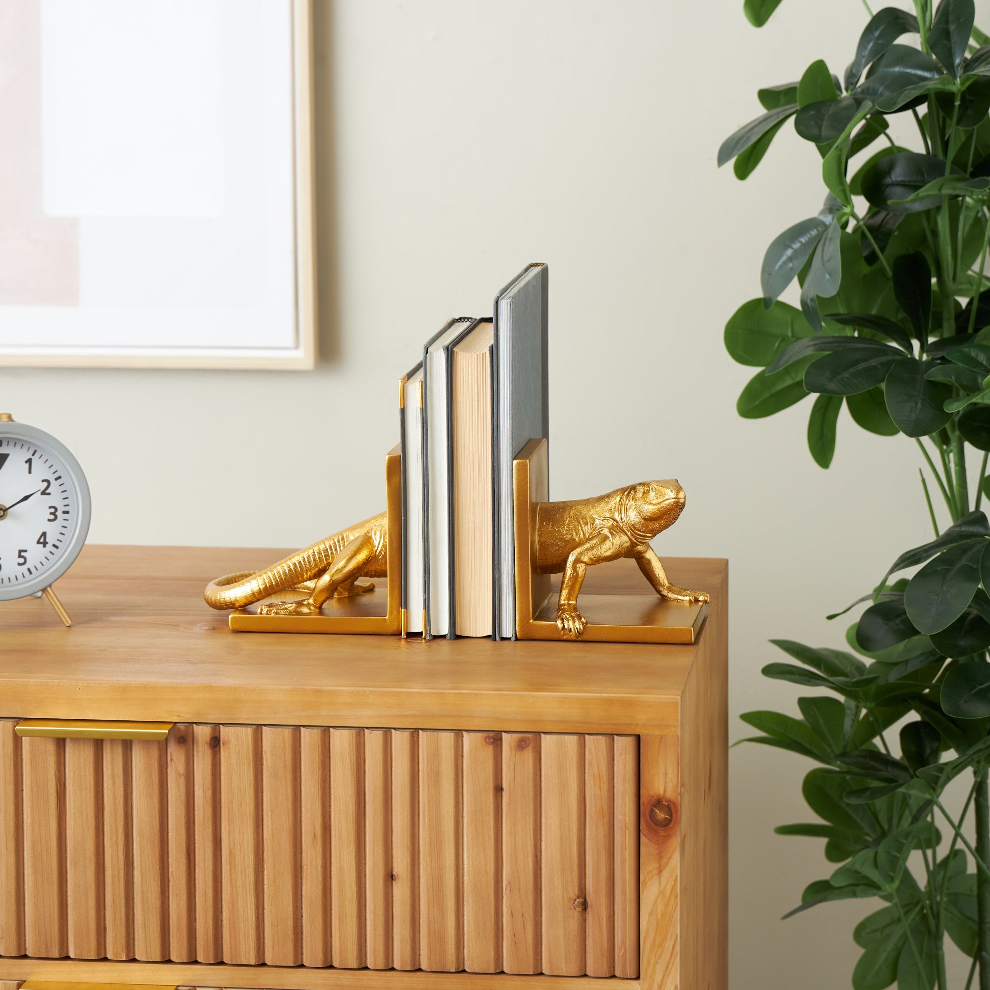 Set of 2 Lizard Gold Resin Crawling Decorative Bookends