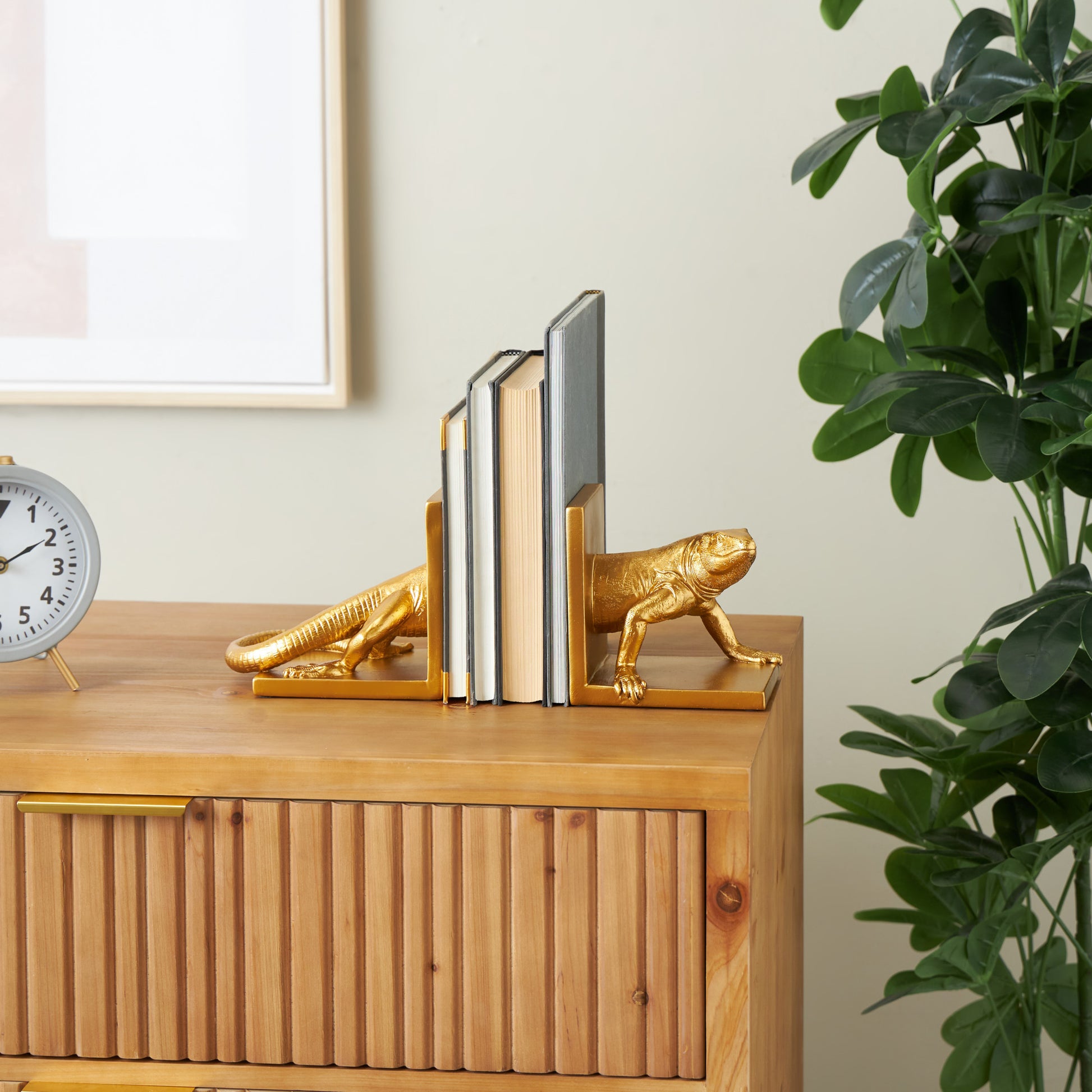 Set of 2 Lizard Gold Resin Crawling Decorative Bookends