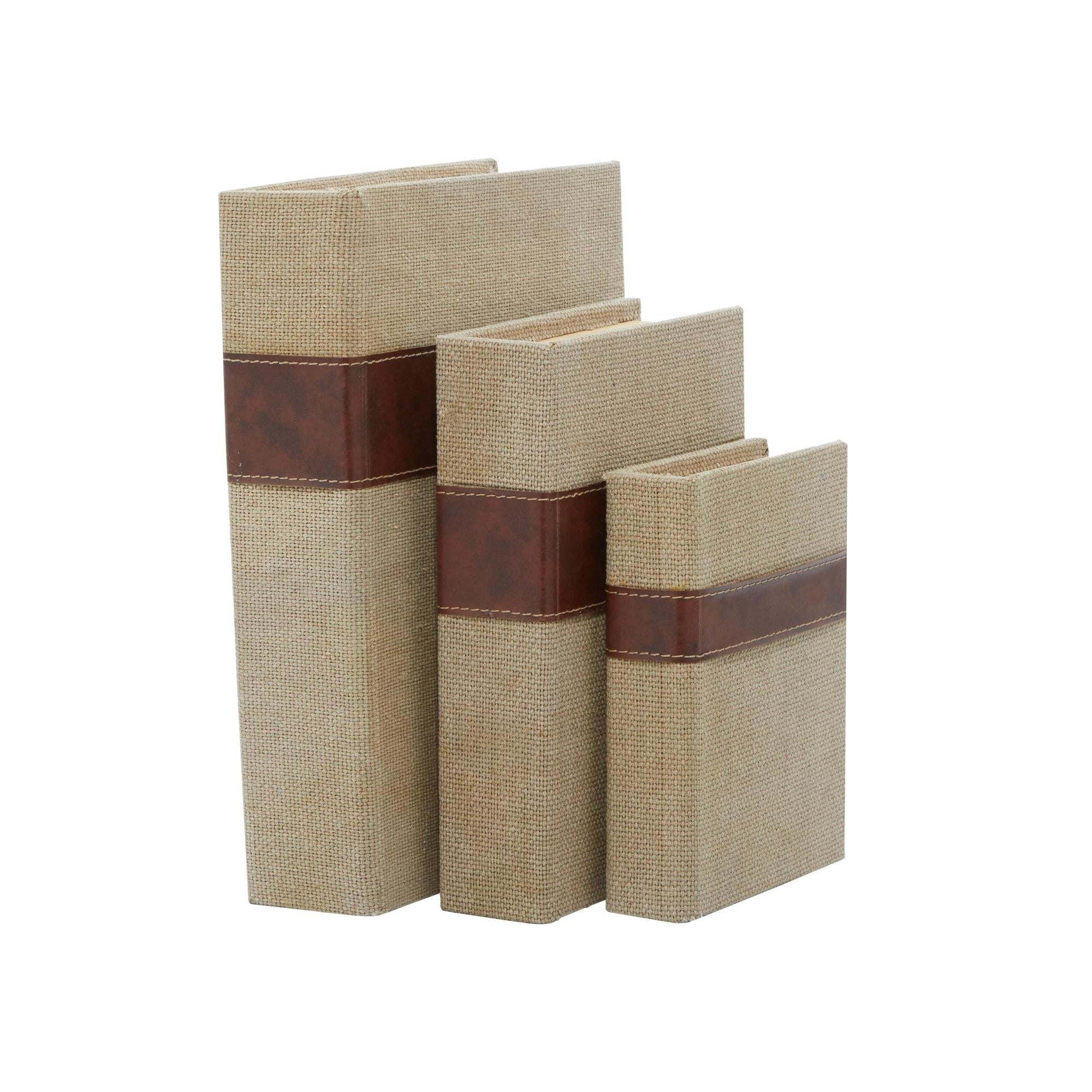 Set of 3 Linen Fabric Faux Book Storage Decorative Box with Faux Leather Detailing