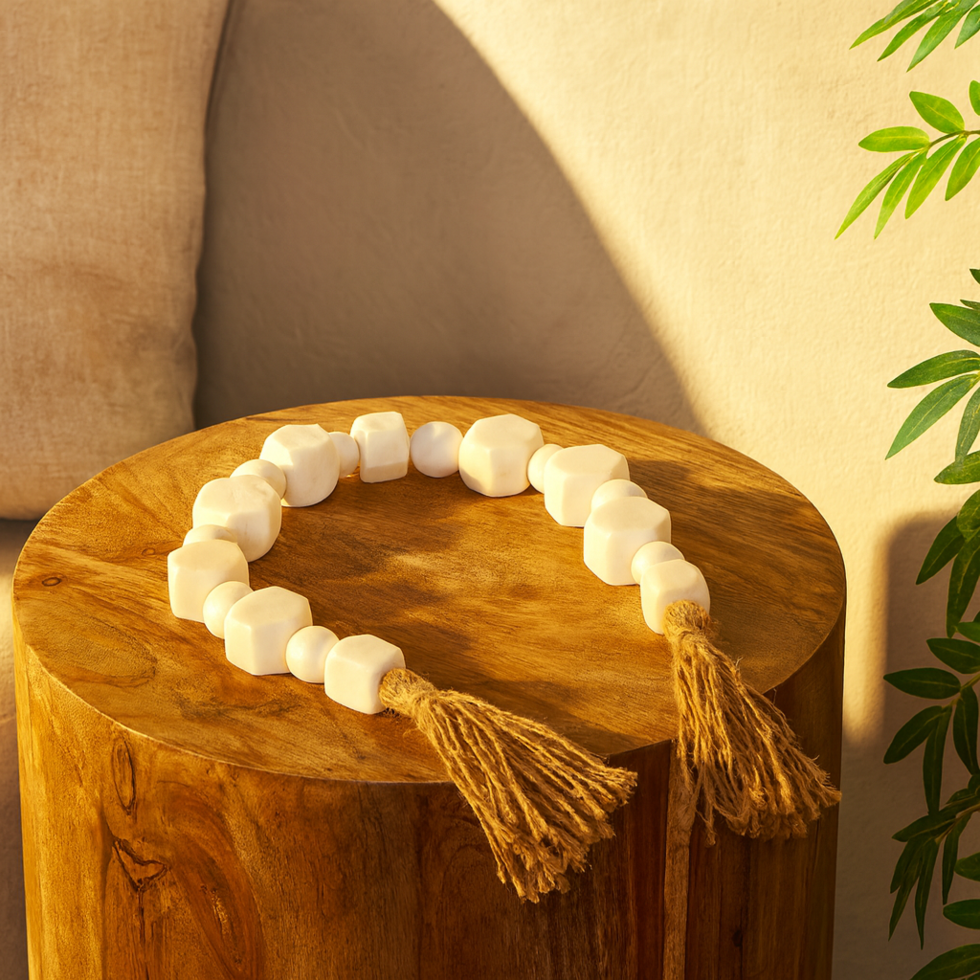 White Marble Handmade Hexagon Beaded Garland with Tassel with Knotted Brown Jute