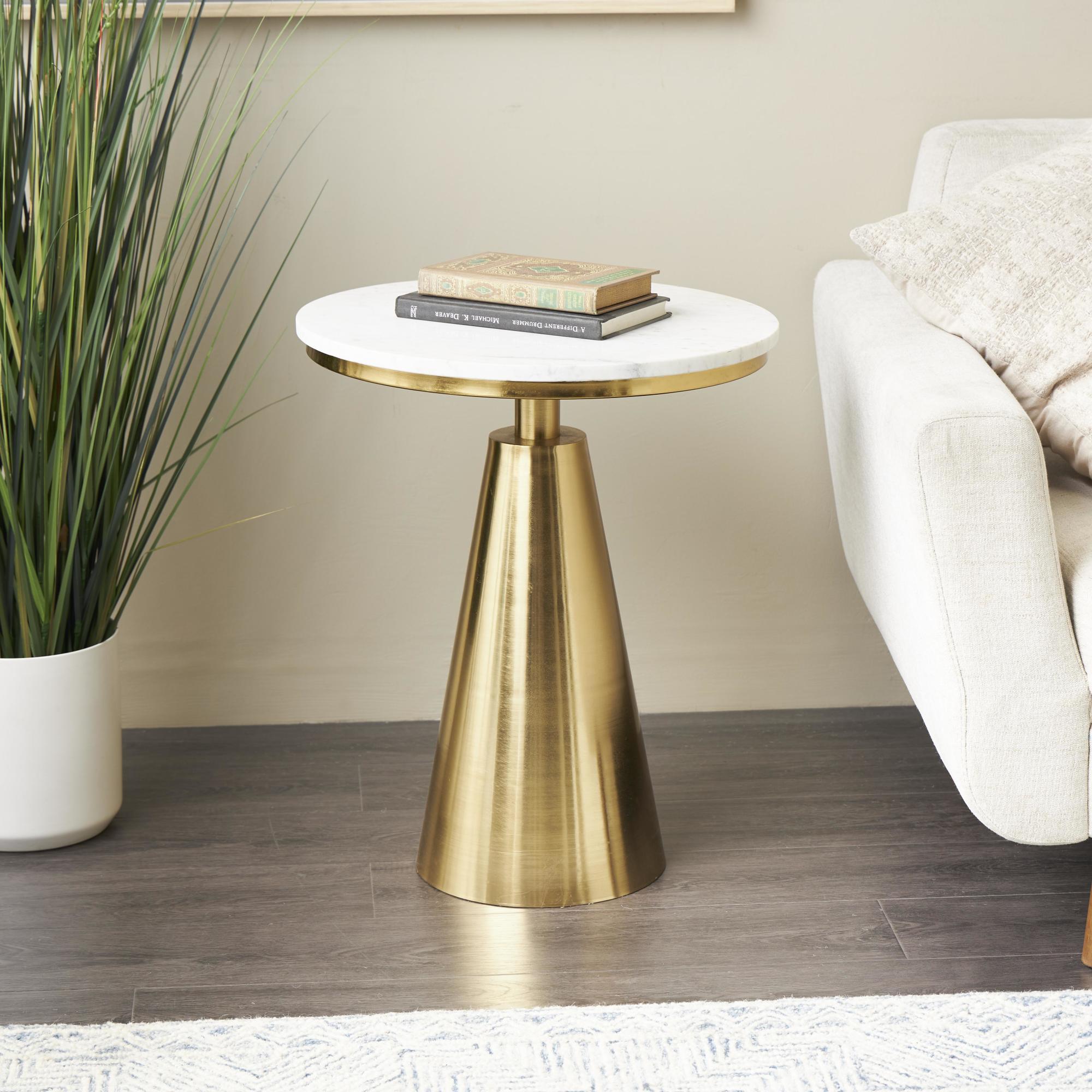 Geometric Gold Metal Cone Side End Accent Table with White Marble Tabletop