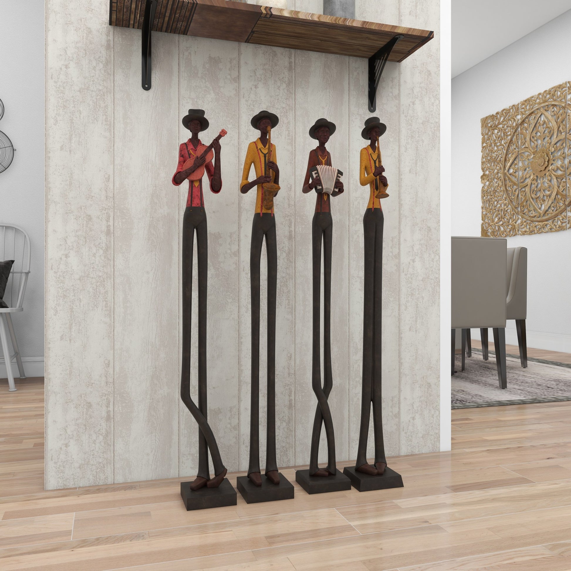 Set of 4 Musician Brown Polystone Tall Long Legged Jazz Band Decorative Sculpture with Black Base Stand