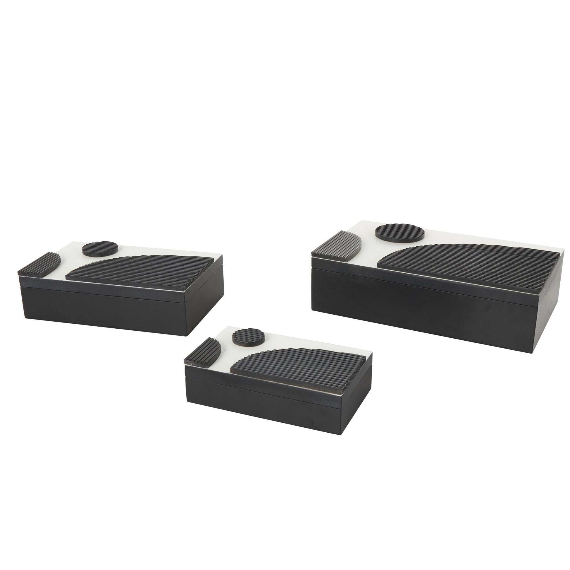 Set of 3 Black Wood Handmade Decorative Box with 3D Geometric Accents