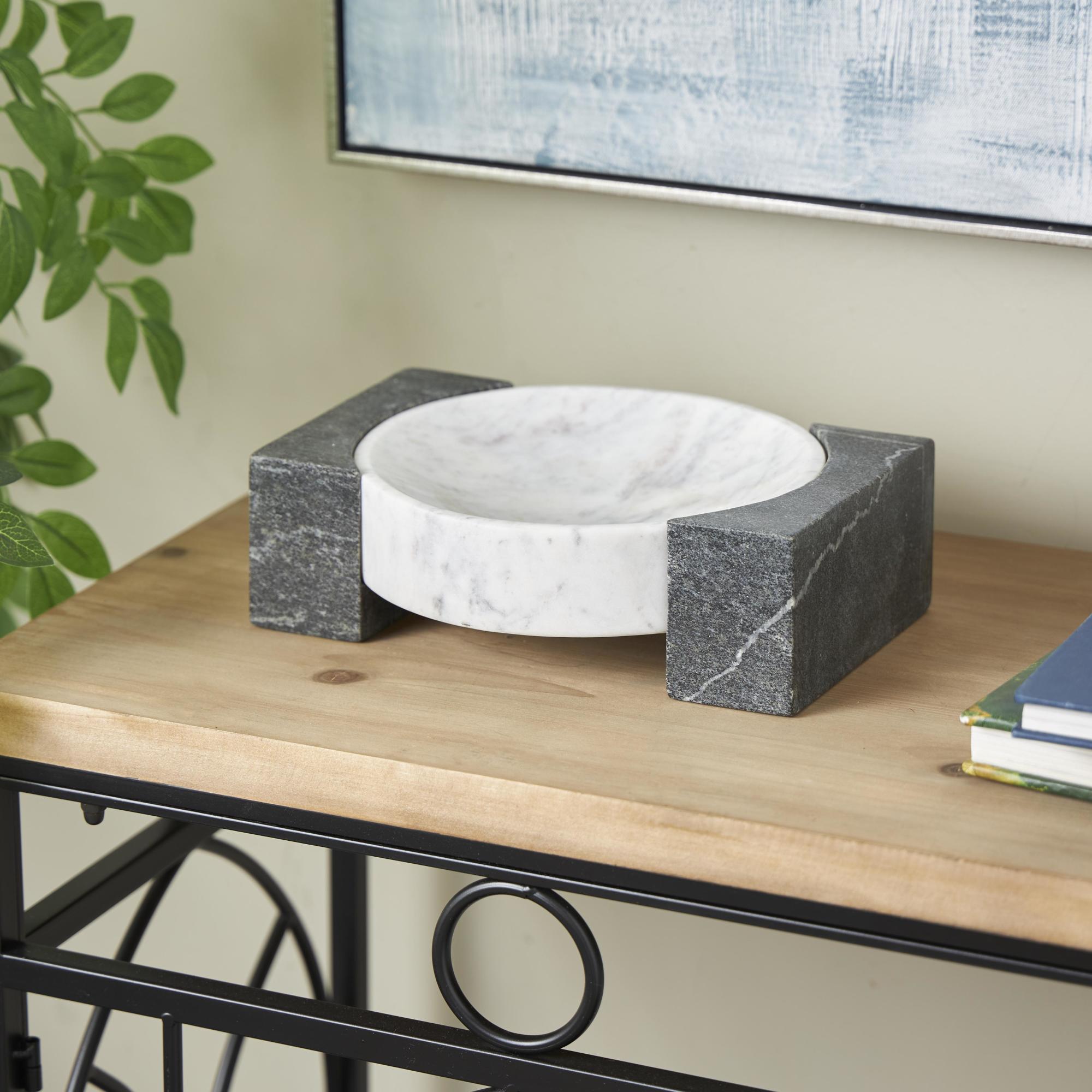 Geometric White Marble Round Living Room Decor Tray with Black Rectangular Blocks