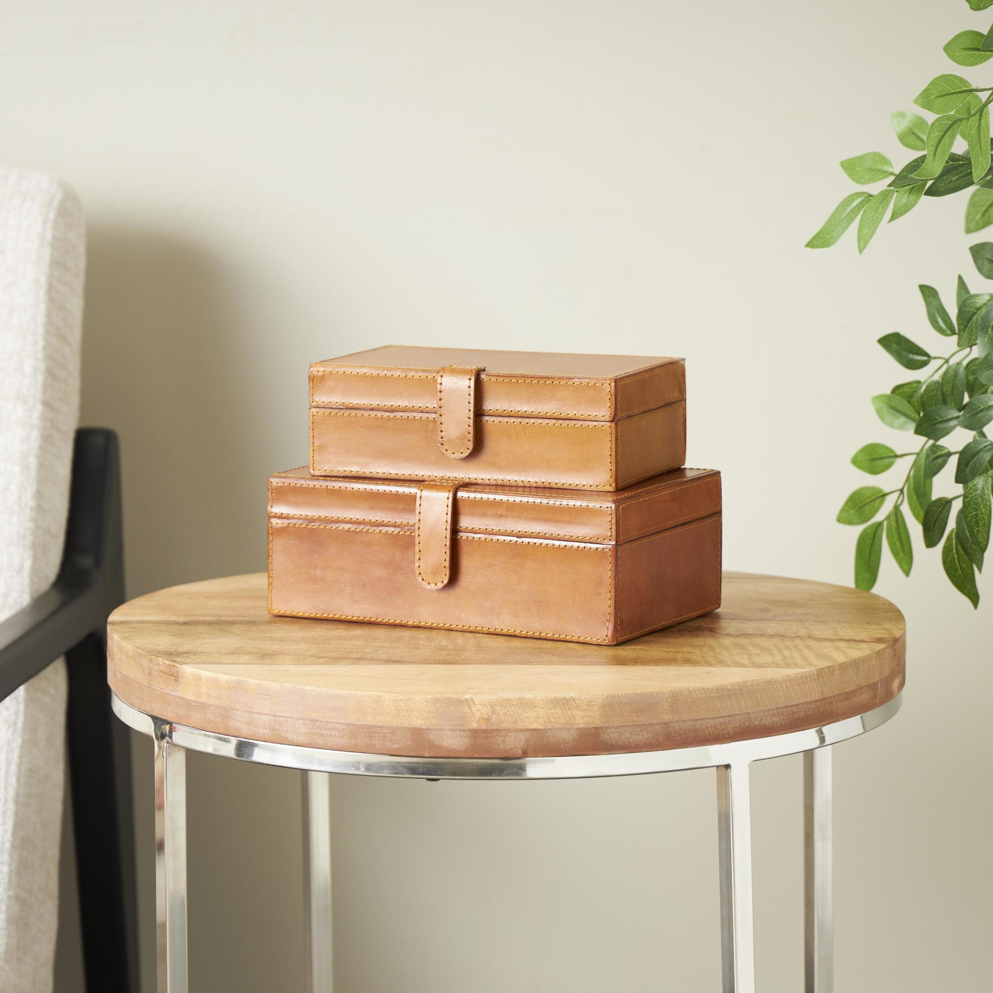 Set of 2 Leather Handmade Decorative Box with Snap Front Closure and Detailed Stitching