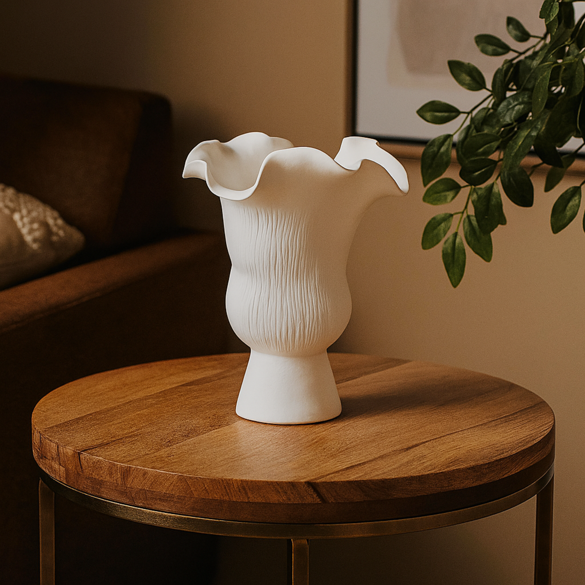 Abstract Ceramic Floral Inspired Decorative Vase with Wavy Folded Rim and Linear Grooves