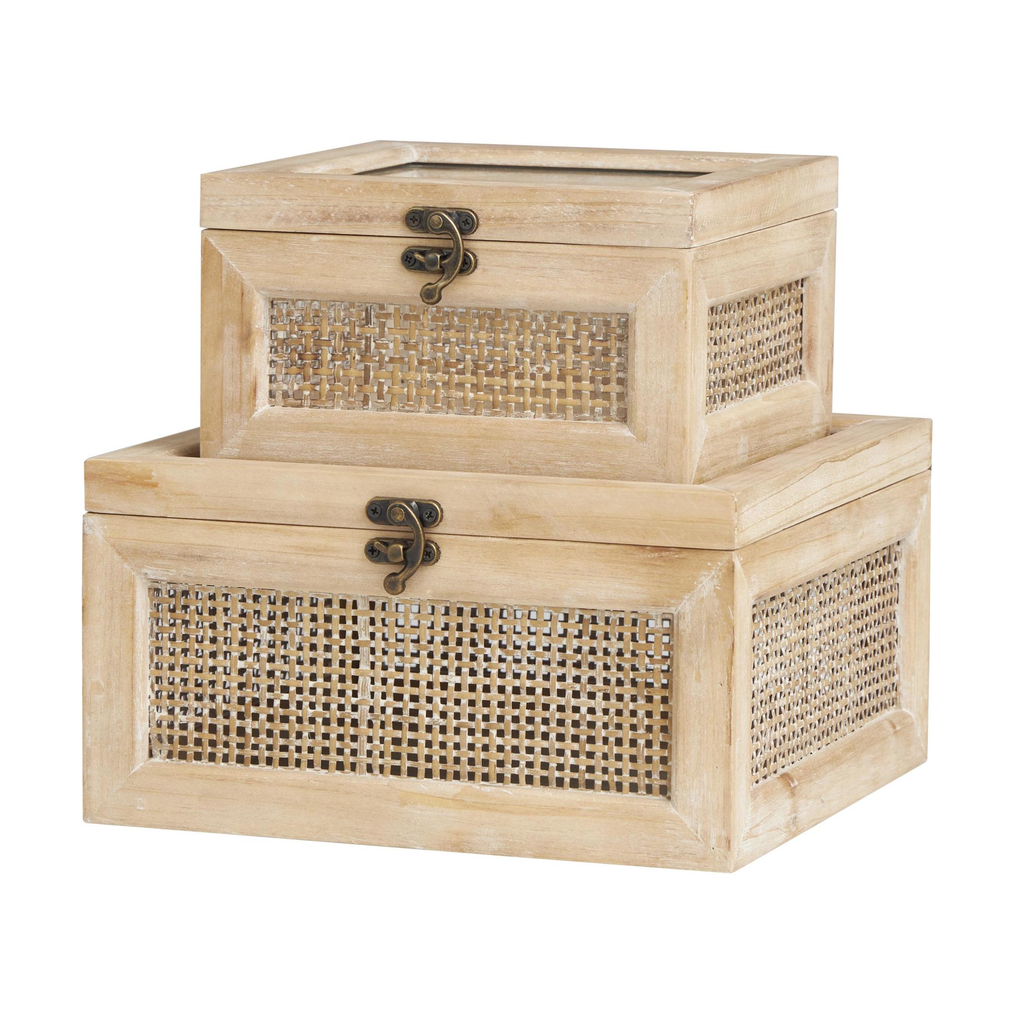 Set of 2 Light Brown Wood Glass Top Decorative Box with Rattan Side Panels and Bronze Hook Closures