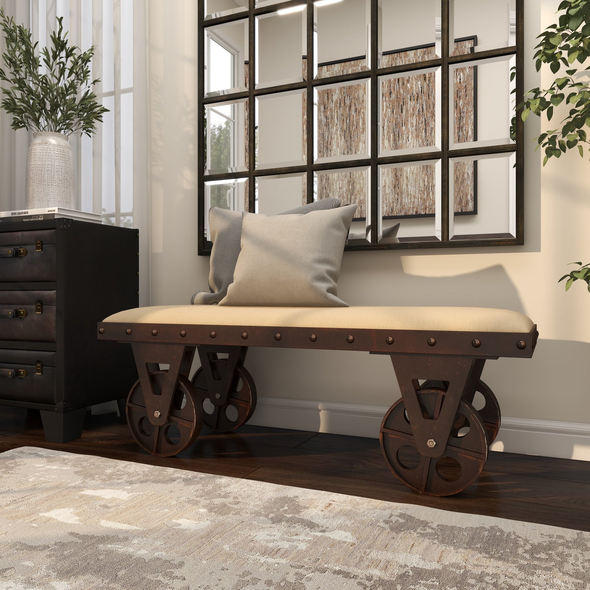 Brown Linen Fabric Vintage Industrial Inspired Home Bench with Wheels and Linen Upholstered Seat