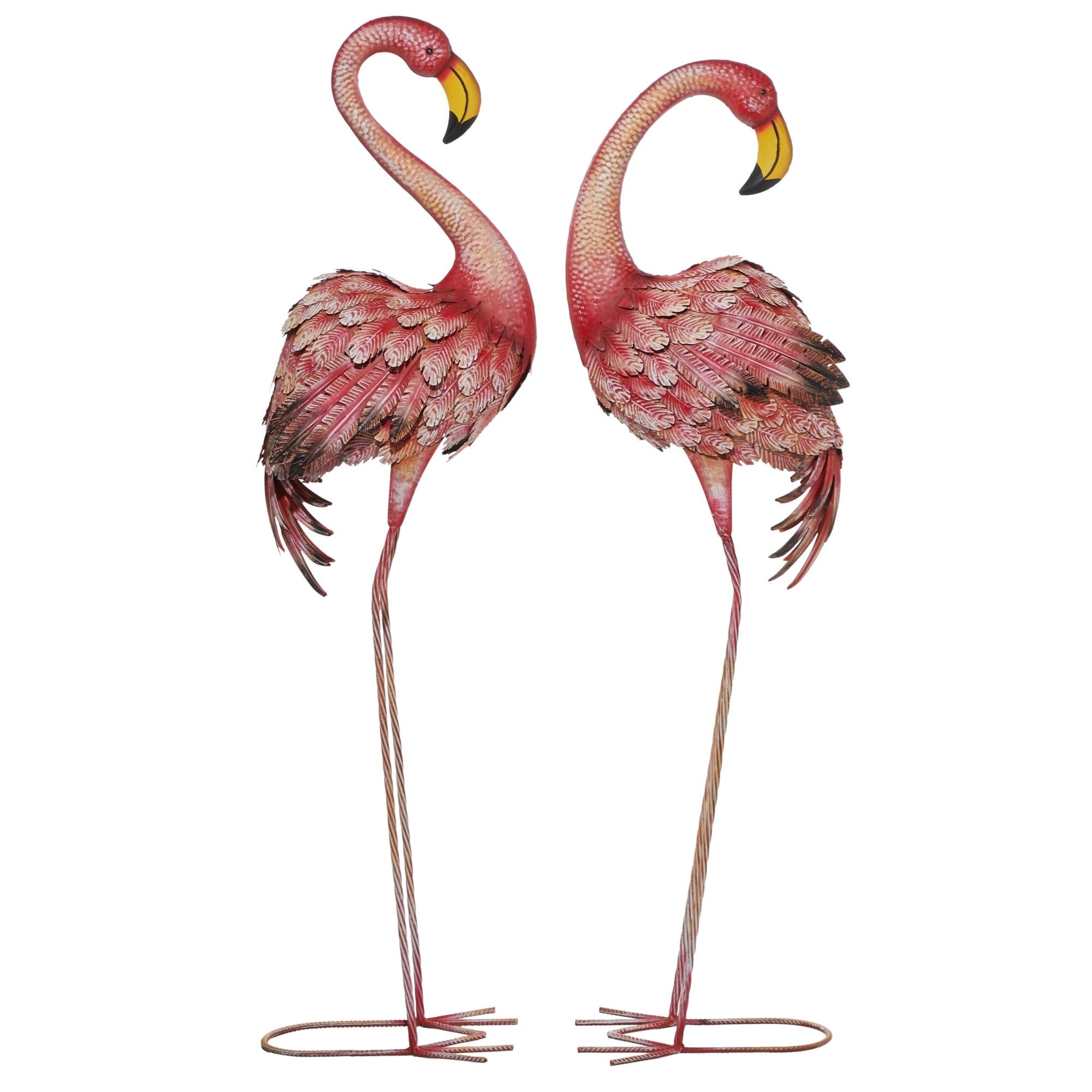 Set of 2 Flamingo Pink Metal Indoor Outdoor Standing Decorative Garden Sculpture with Yellow Accents