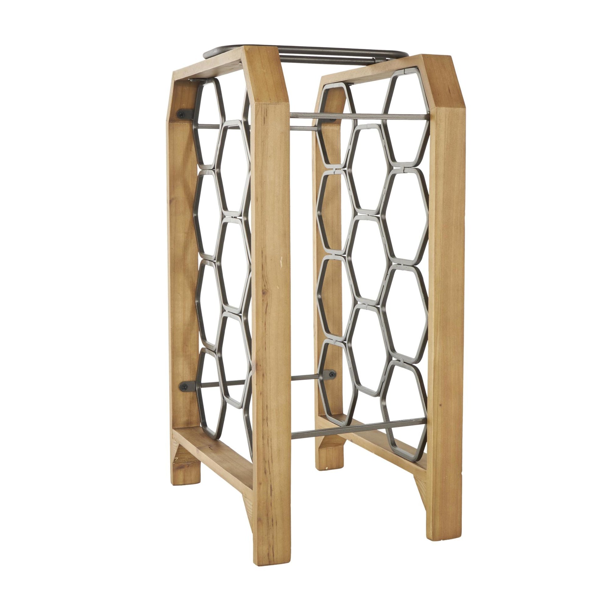 Brown Wood Tall Wine Rack with Gray Metal Curved Teardrop Holders