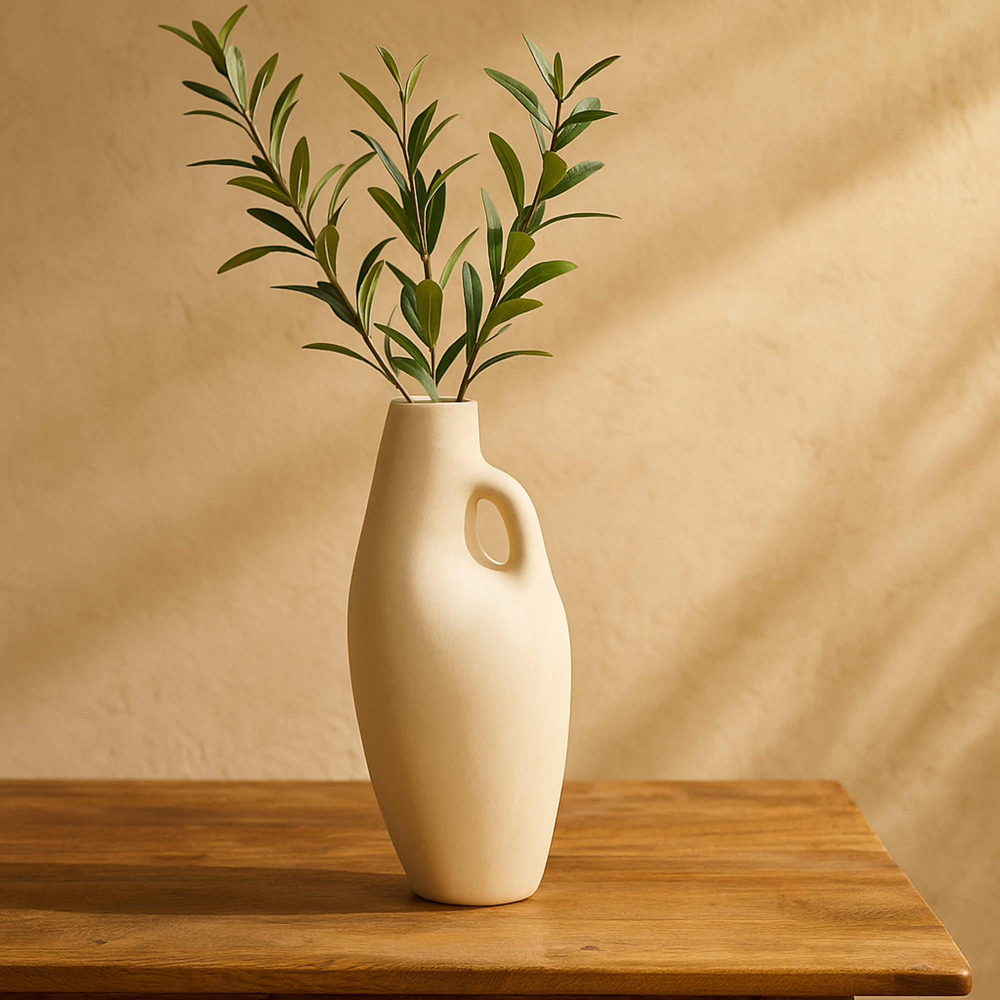Abstract Beige Paper Mache Curved Decorative Vase with Handle