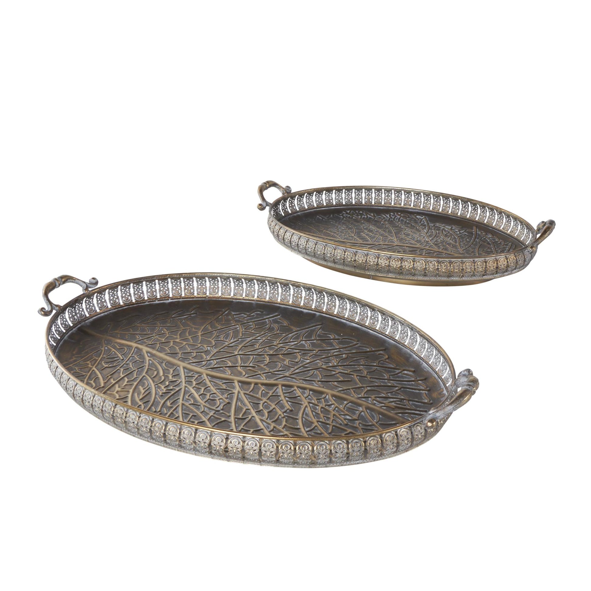 Set of 2 Scroll Brass Metal Ornate Oval Living Room Decor Tray with Tree Patterned Interior