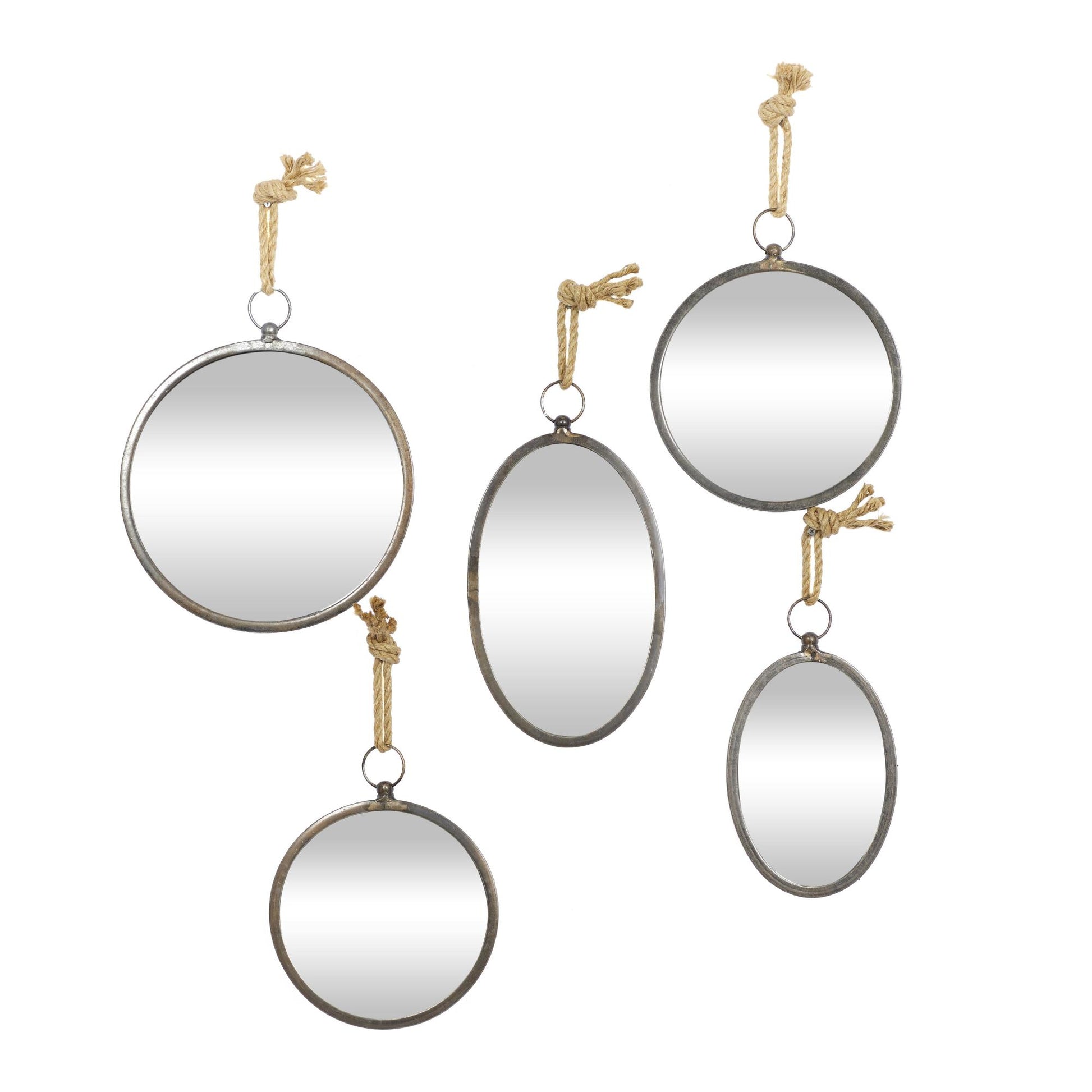 Set of 5 Gray Metal Room Wall Mirror with Hanging Rope