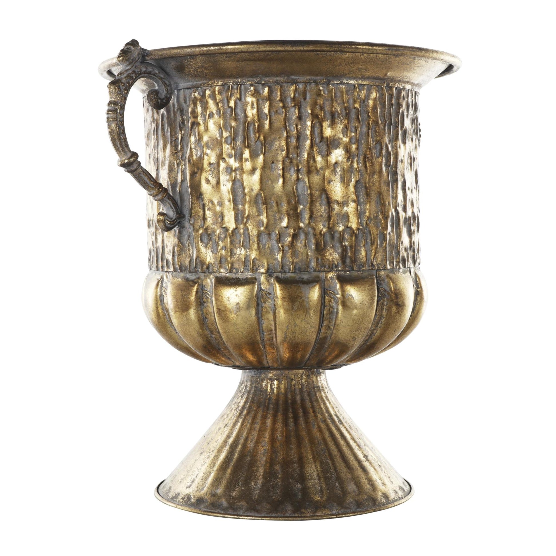 Scroll Gold Metal Urn Shaped Decorative Vase with Hammered Details