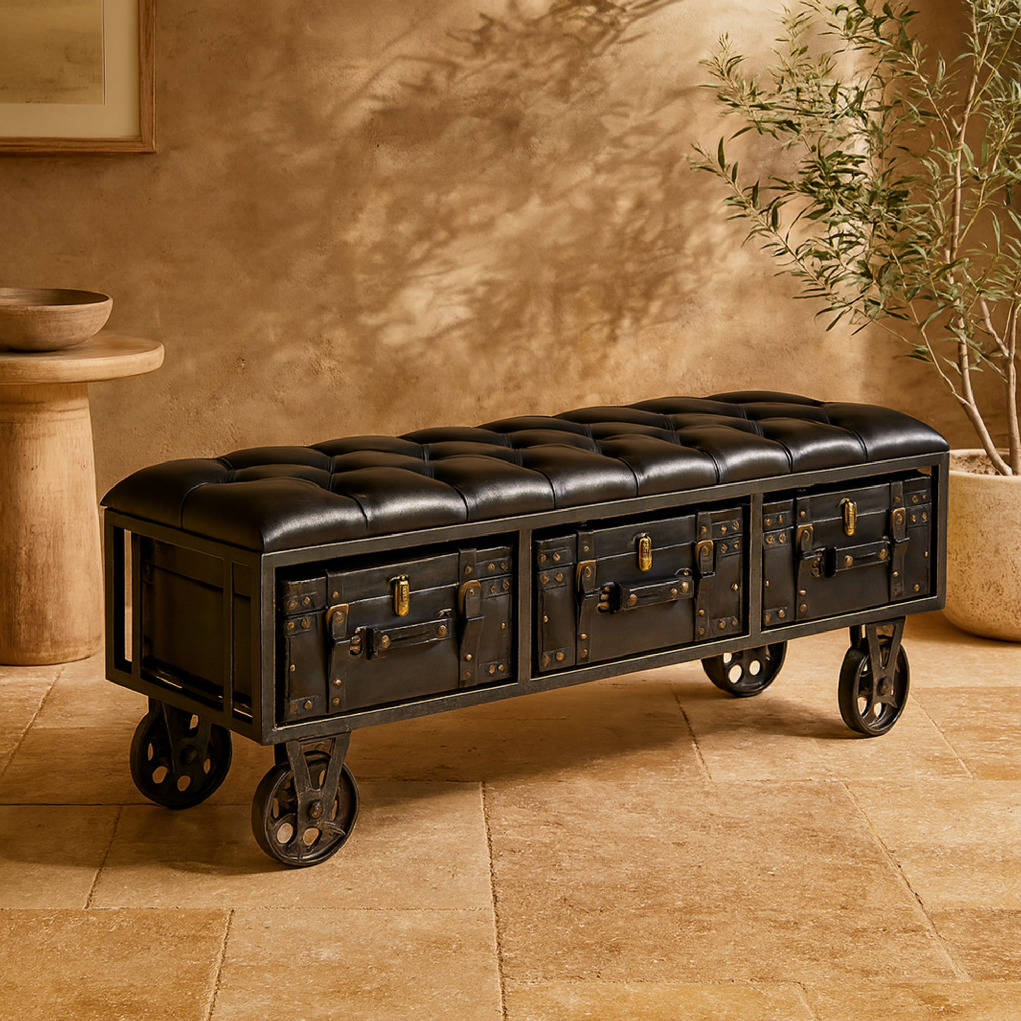 Black Faux Leather Tufted Upholstered 3 Trunk Room Storage Bench with Wheels