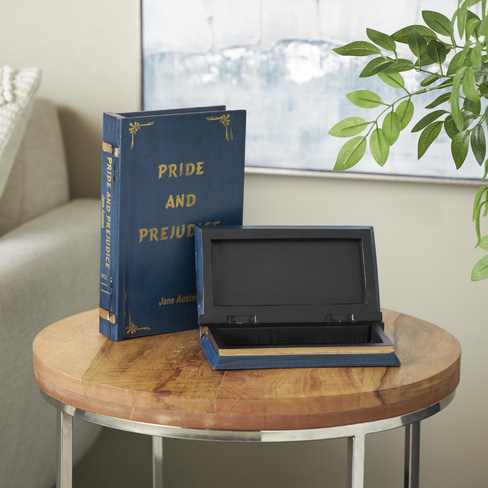 Set of 2 Mango Wood "Pride and Prejudice" Faux Book Storage Decorative Box with Gold Accents