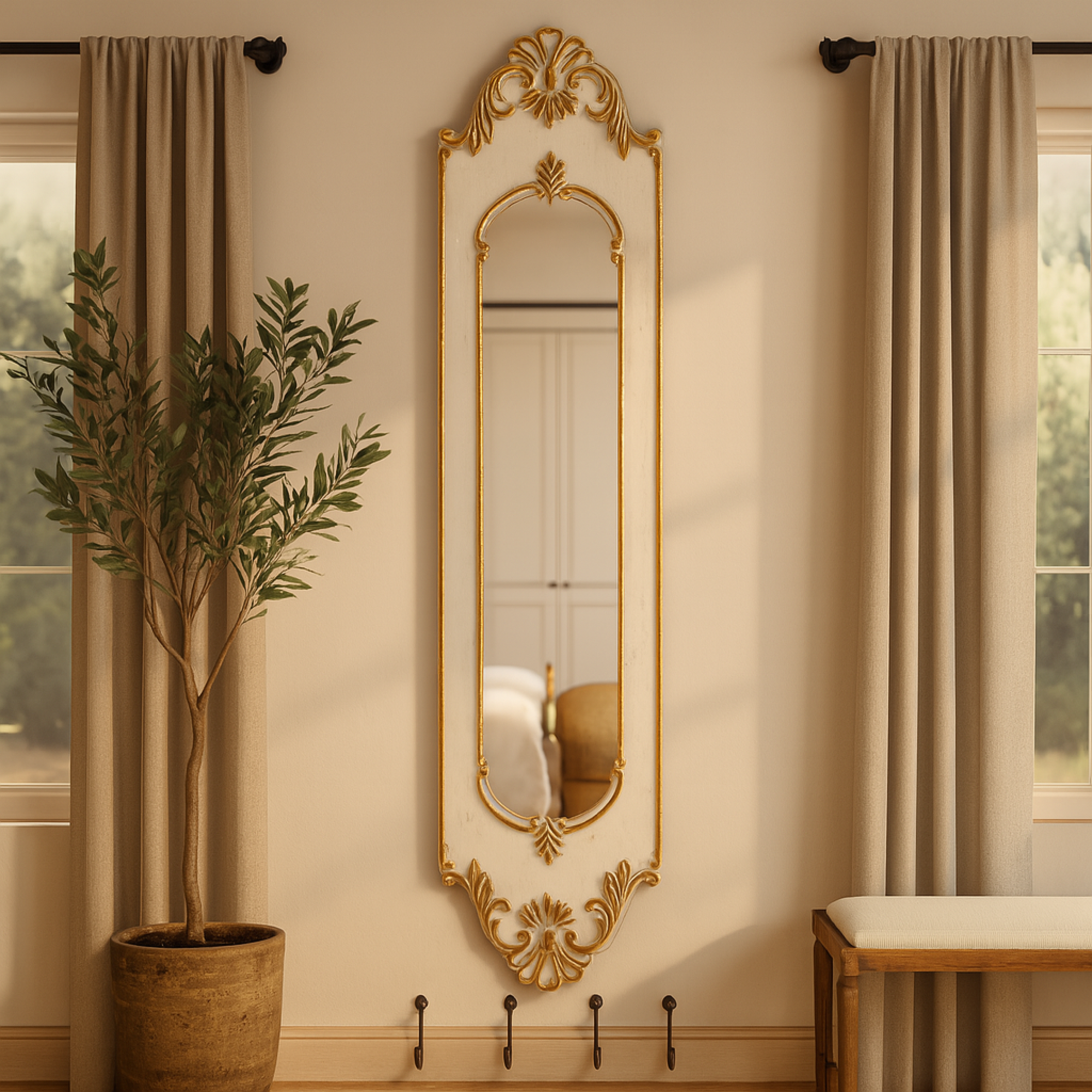 Floral White Wooden Slim Oval Vintage Style Room Wall Mirror with Carved Brown Scrollwork