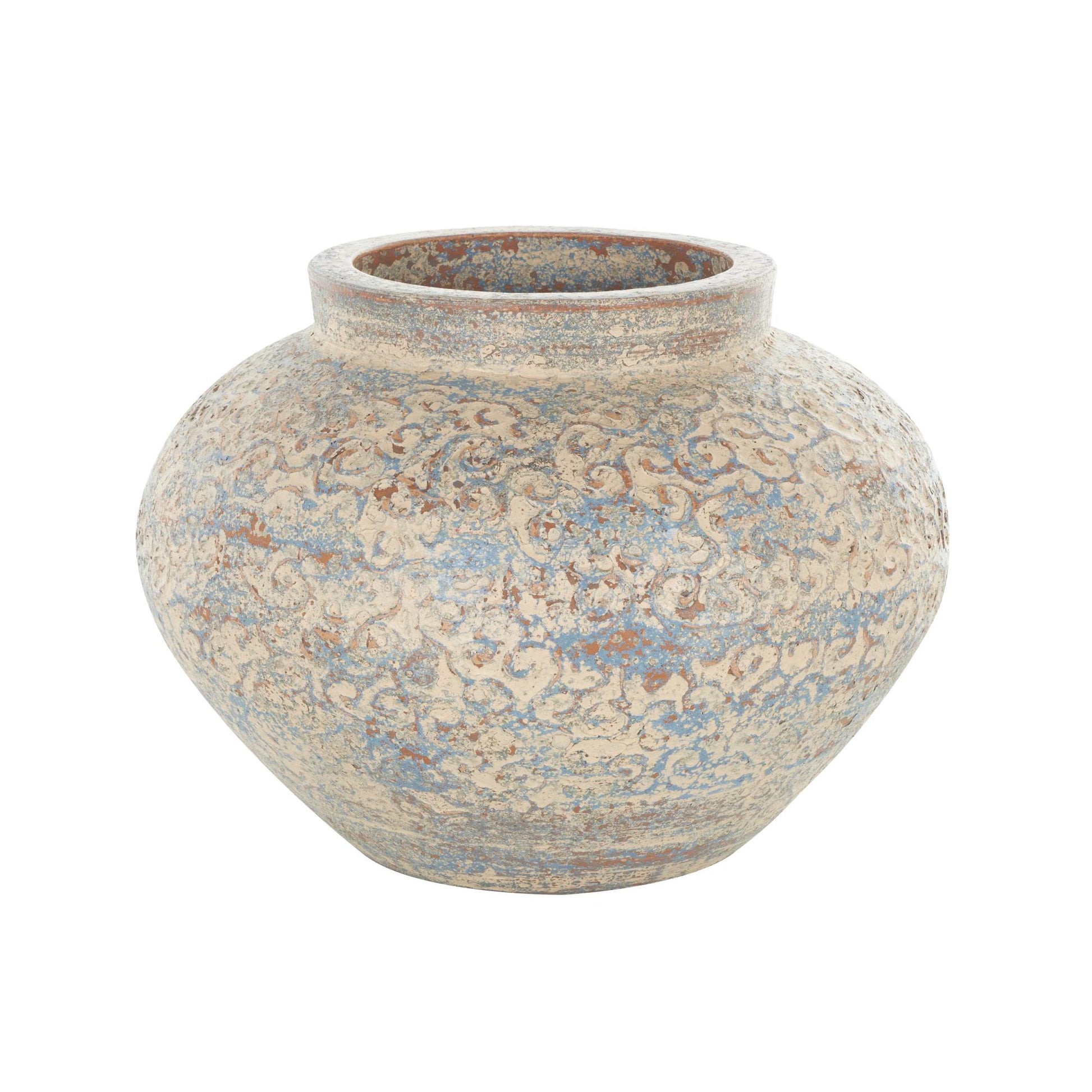 Scroll Beige Ceramic Handmade Antique Style Wide Rounded Decorative Vase with Blue and Copper Accents