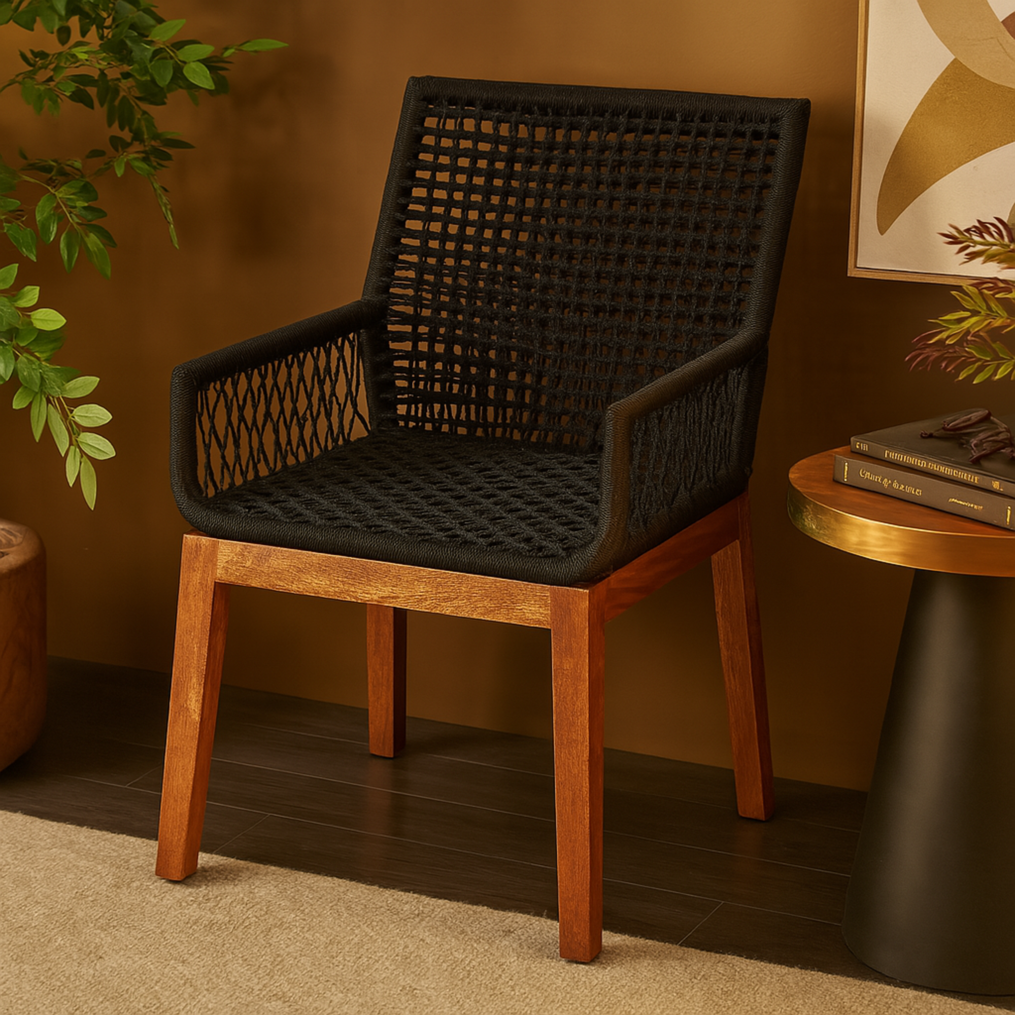 Jute Rope Handmade Woven Living Room Accent Chair with Brown Wooden Legs 28" x 23" x 36"