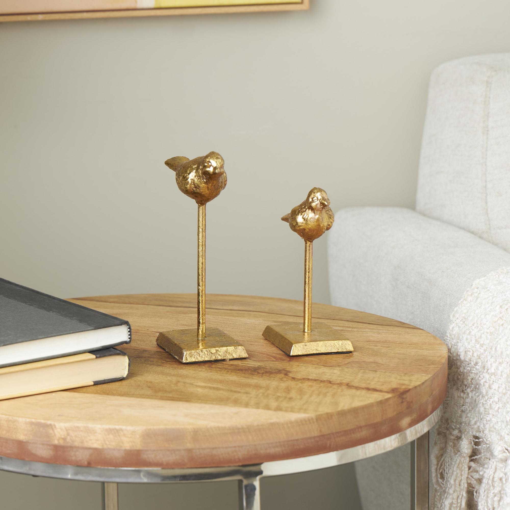 Set of 2 Bird Gold Metal Decorative Sculpture with Gold Foil Texturing